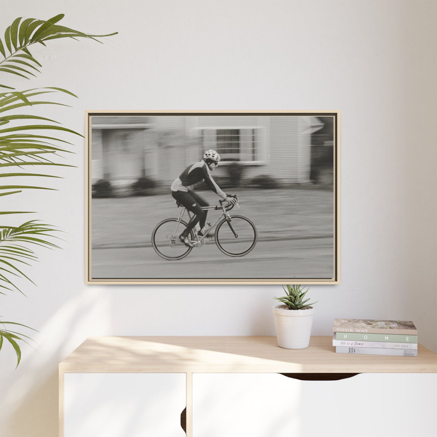 Framed Matte Canvas Print - Vintage Cyclist Black & White Wall Art