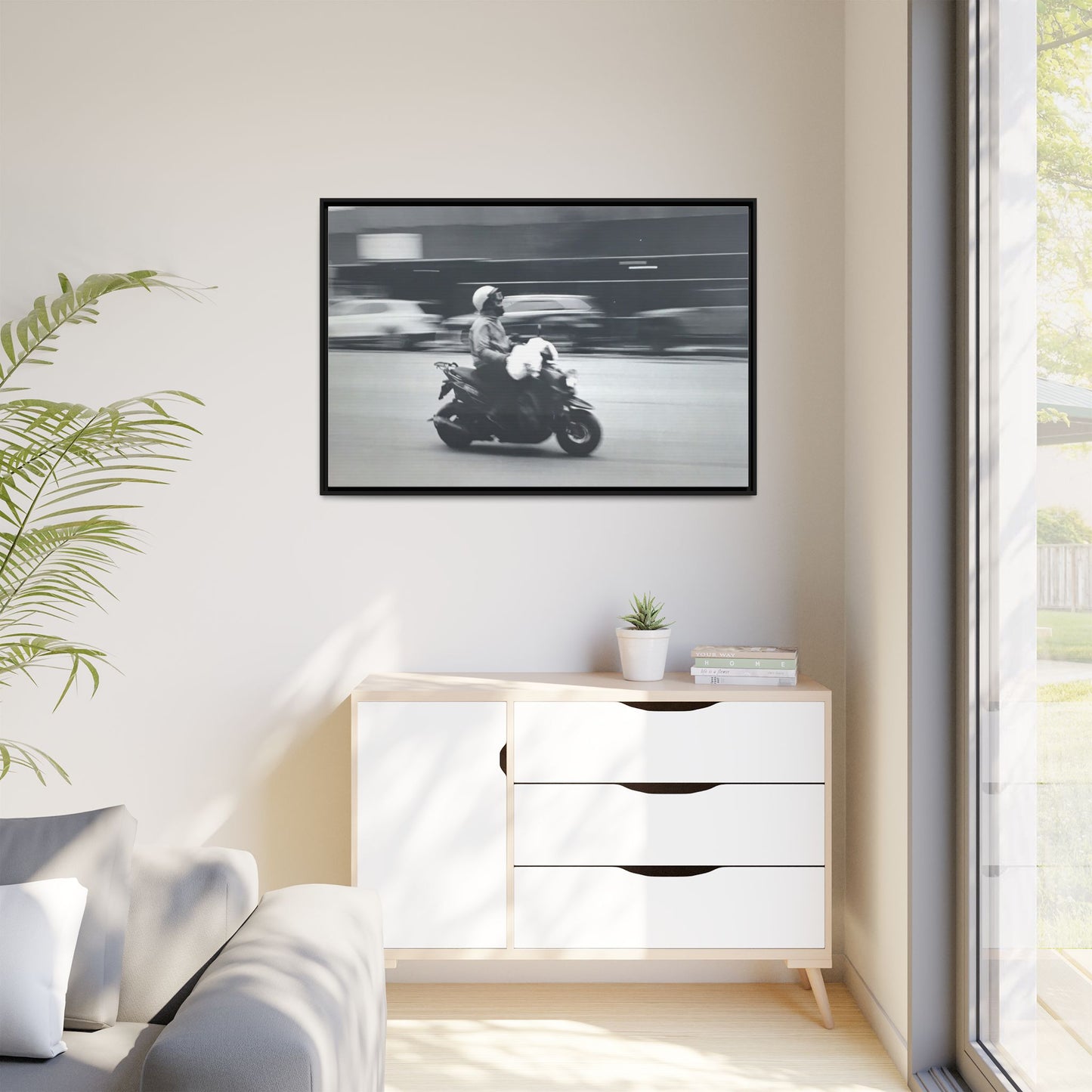 Framed Matte Canvas Print — Vintage Motion Scooter Street Photography
