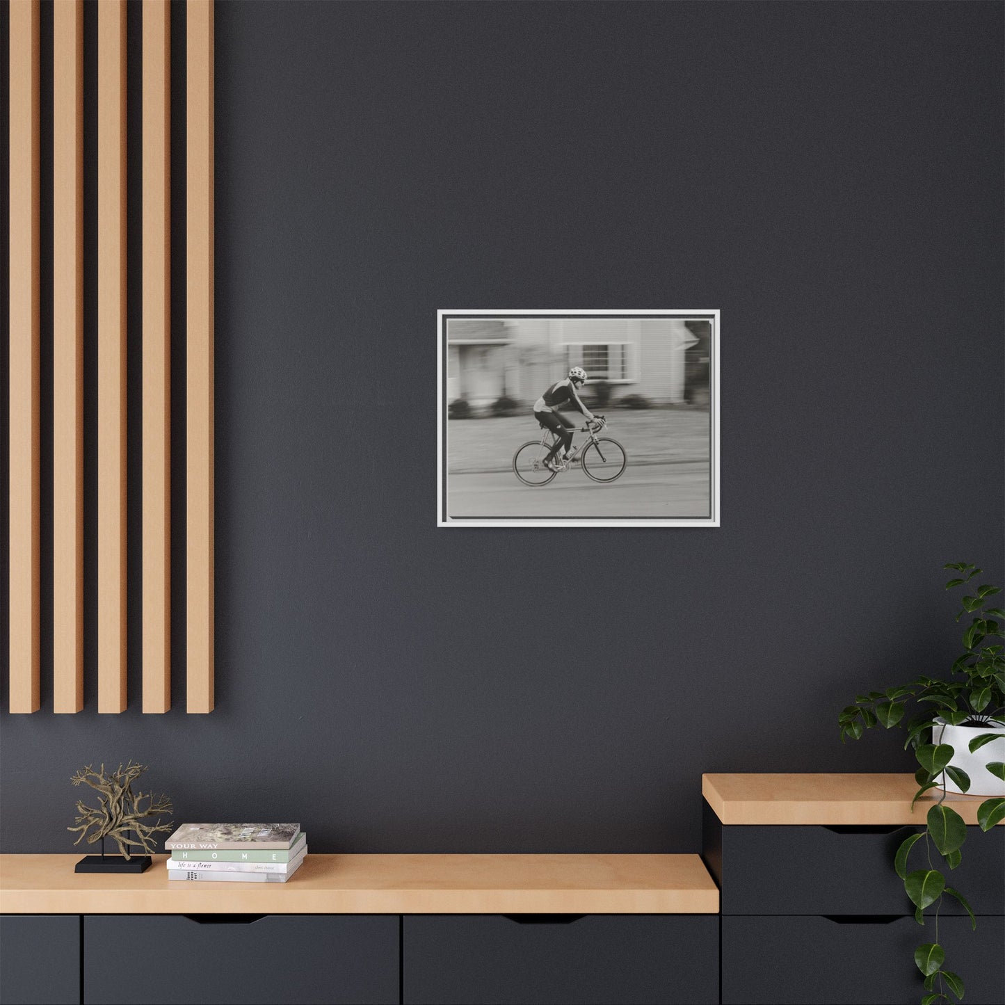 Framed Matte Canvas Print - Vintage Cyclist Black & White Wall Art