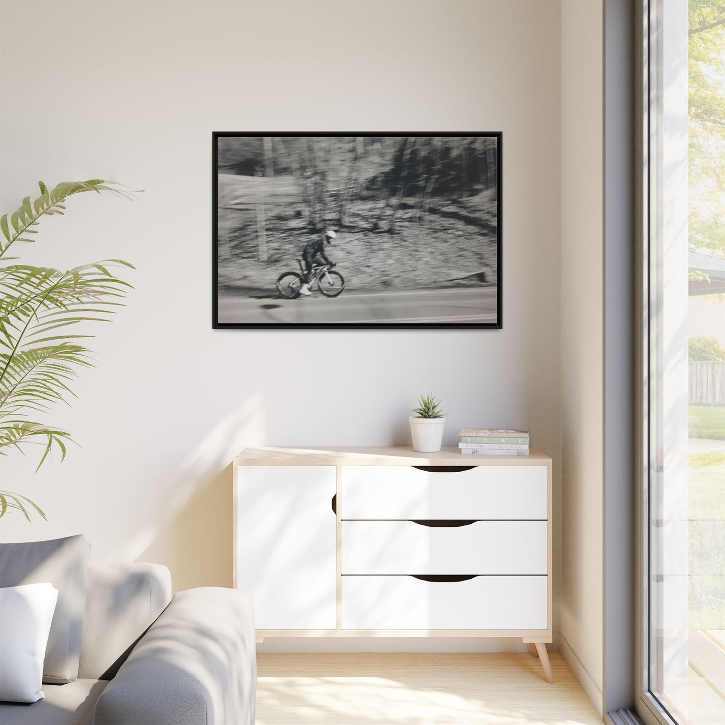 Framed Matte Canvas Print — Vintage Cyclist Black & White Photo
