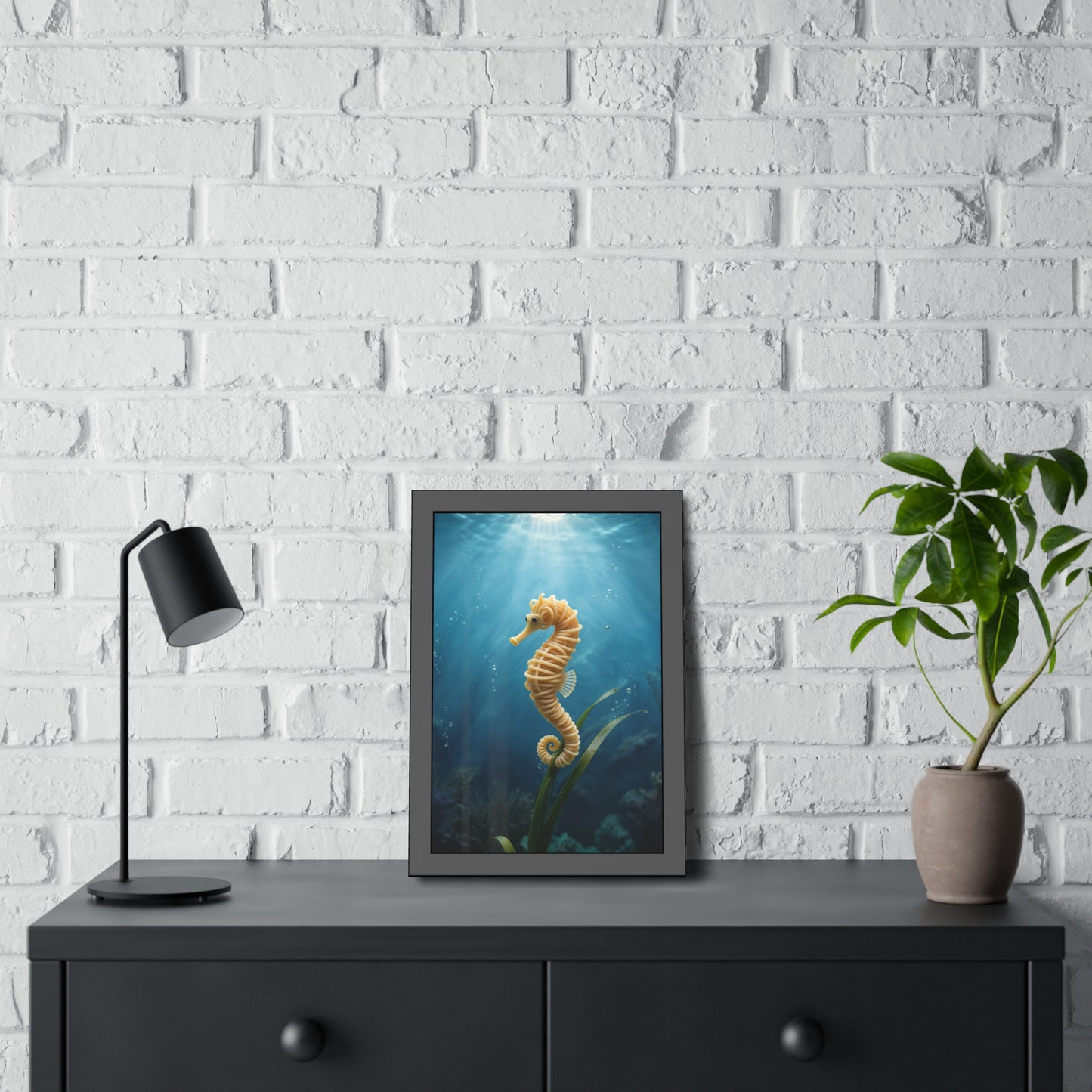 Spaghetti Seahorse Illustration Framed Poster | Ocean Underwater Art Print