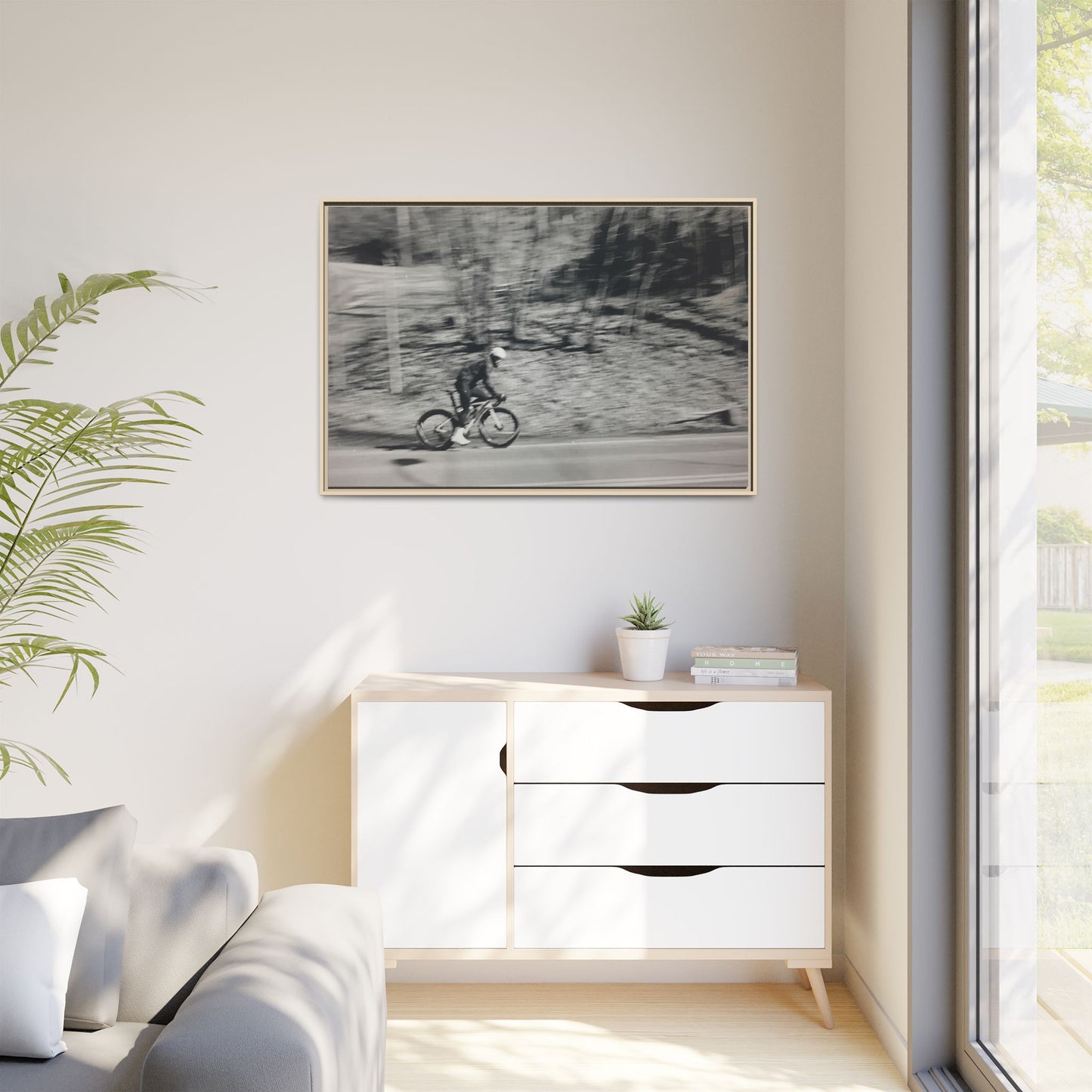 Framed Matte Canvas Print — Vintage Cyclist Black & White Photo