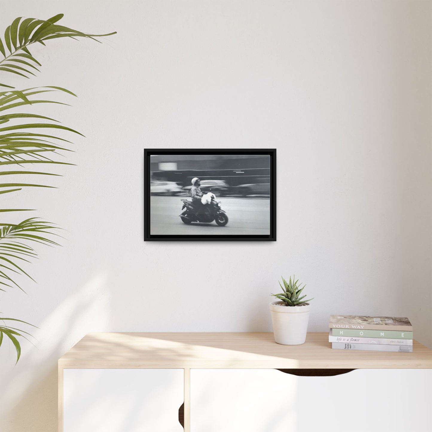 Framed Matte Canvas Print — Vintage Motion Scooter Street Photography
