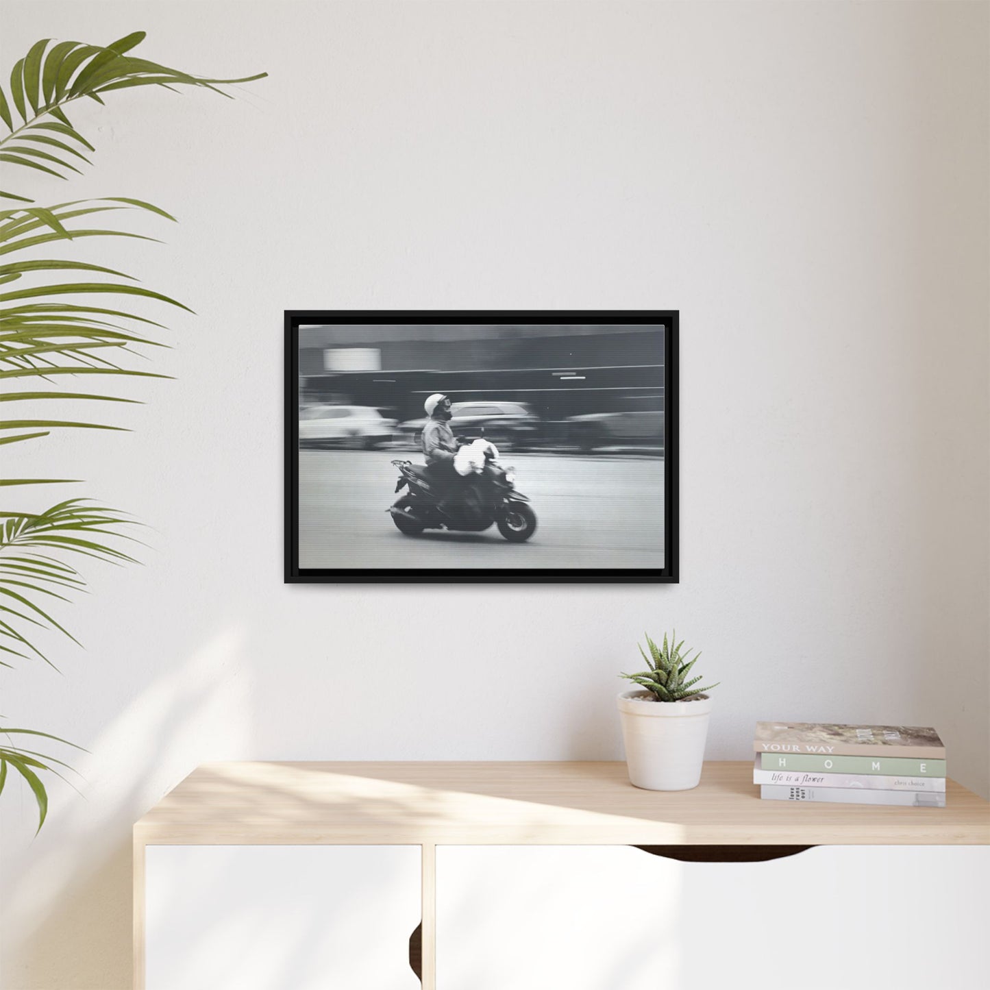 Framed Matte Canvas Print — Vintage Motion Scooter Street Photography