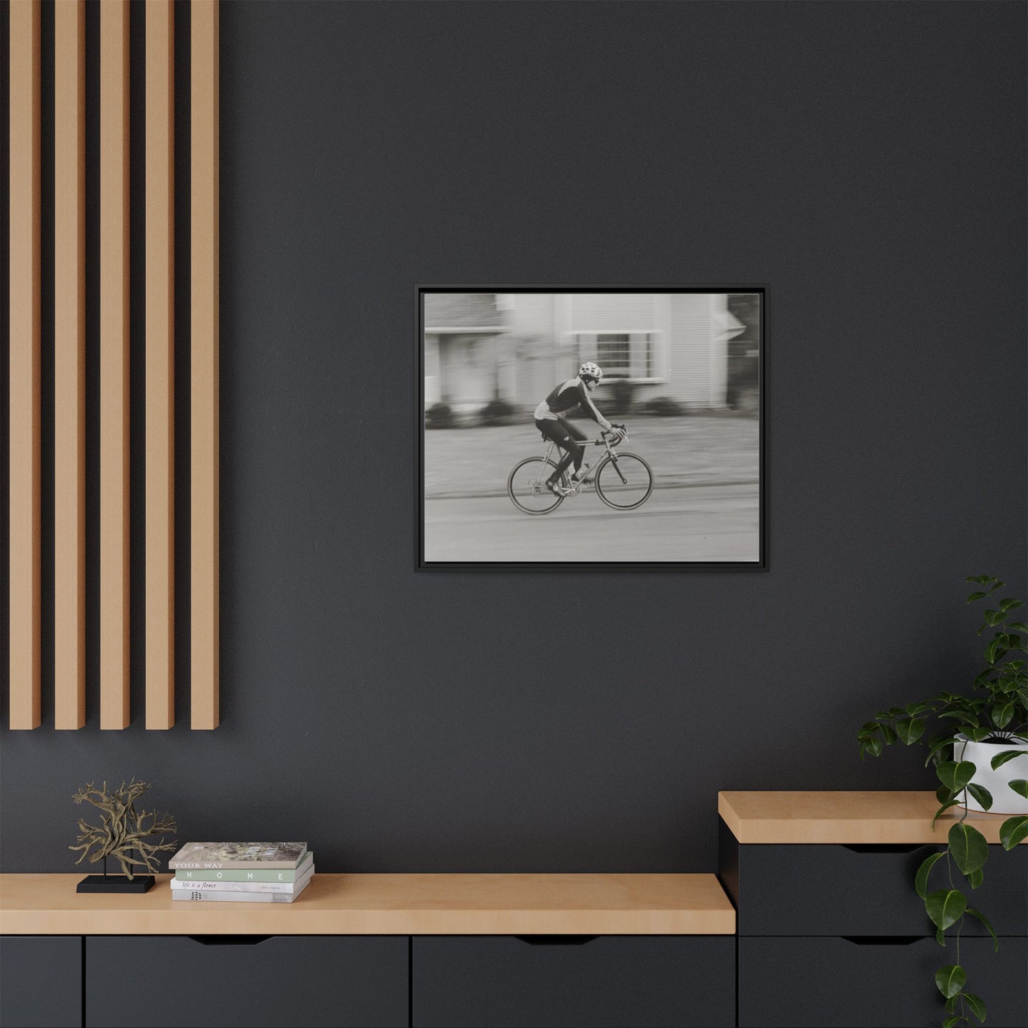 Framed Matte Canvas Print - Vintage Cyclist Black & White Wall Art
