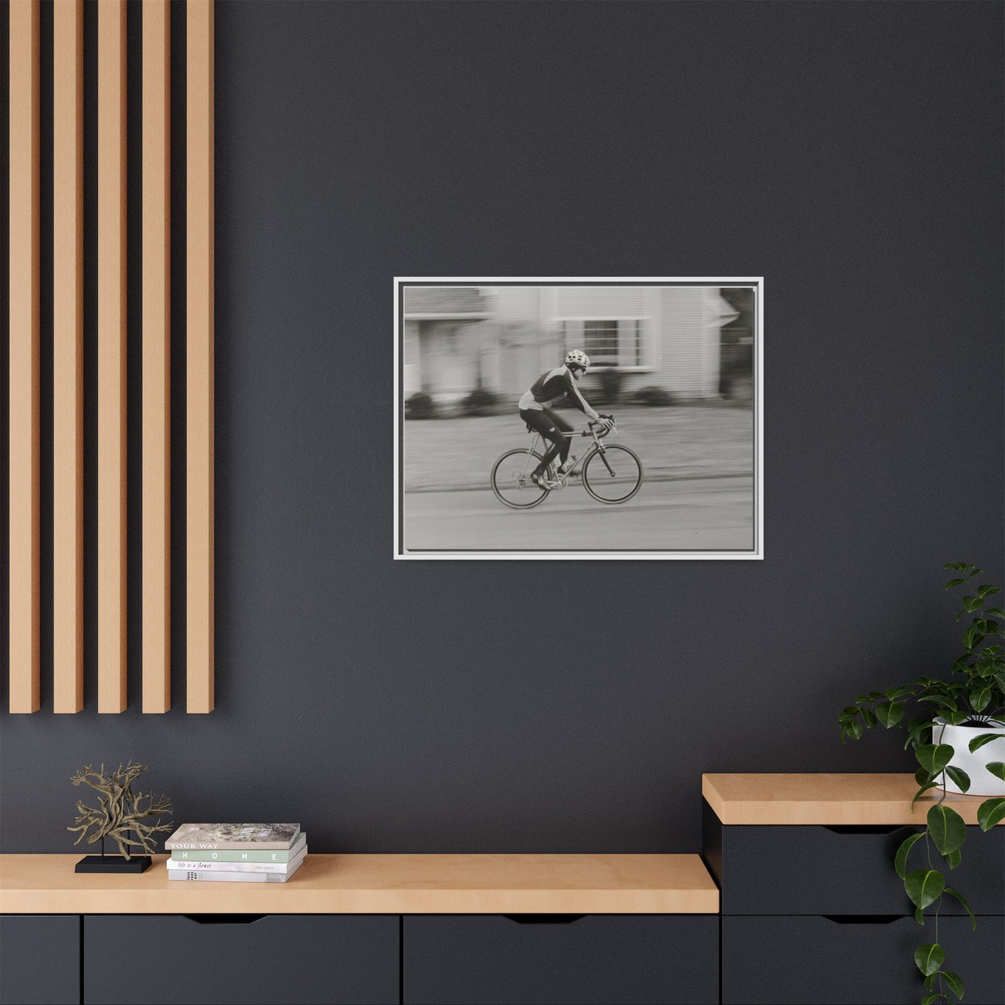 Framed Matte Canvas Print - Vintage Cyclist Black & White Wall Art