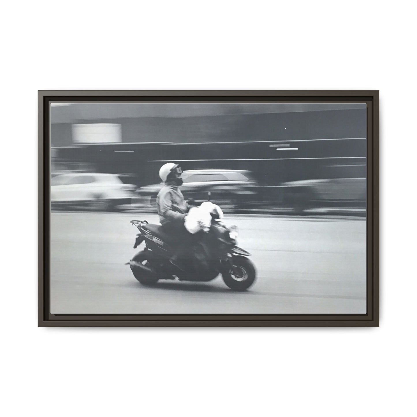 Framed Matte Canvas Print — Vintage Motion Scooter Street Photography