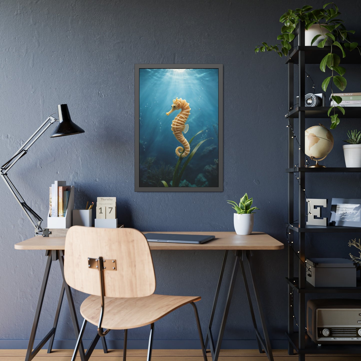Spaghetti Seahorse Illustration Framed Poster | Ocean Underwater Art Print