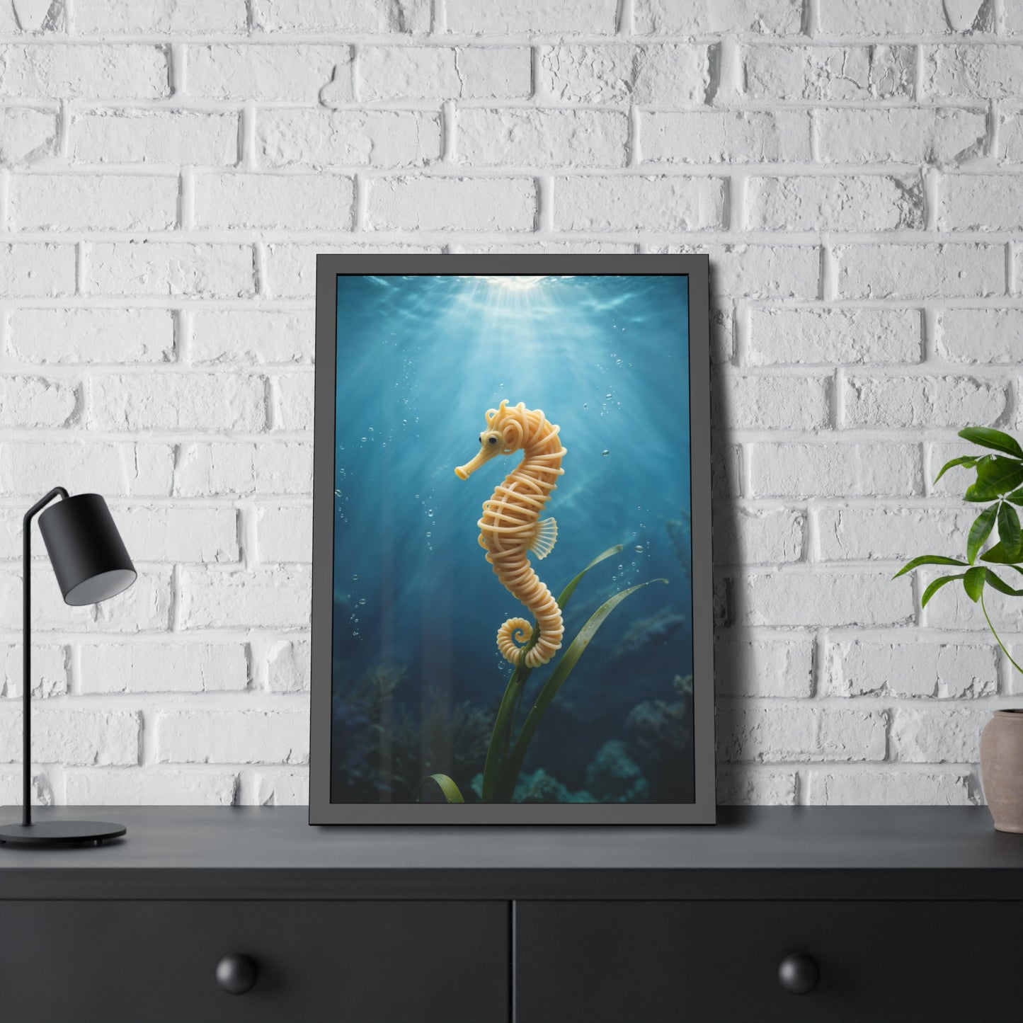 Spaghetti Seahorse Illustration Framed Poster | Ocean Underwater Art Print