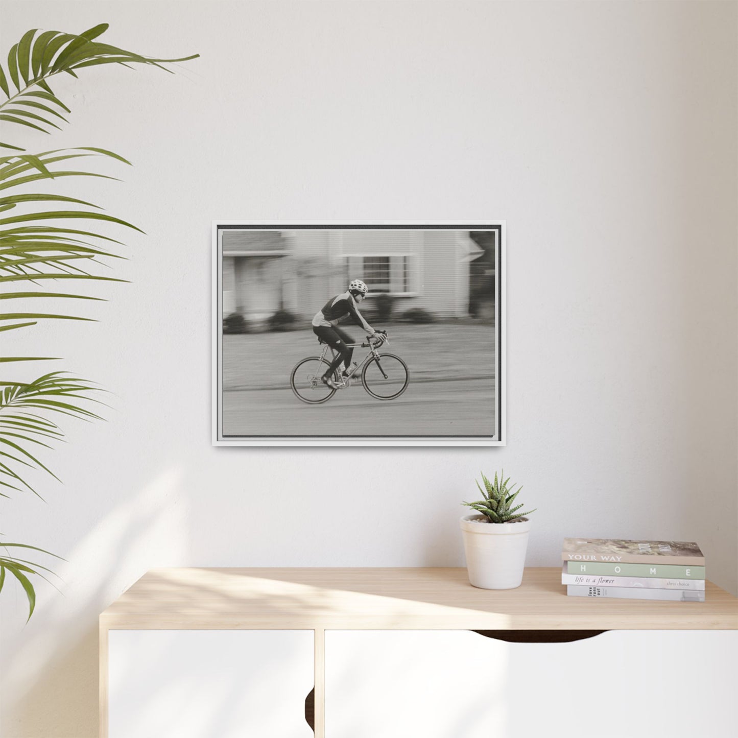 Framed Matte Canvas Print - Vintage Cyclist Black & White Wall Art