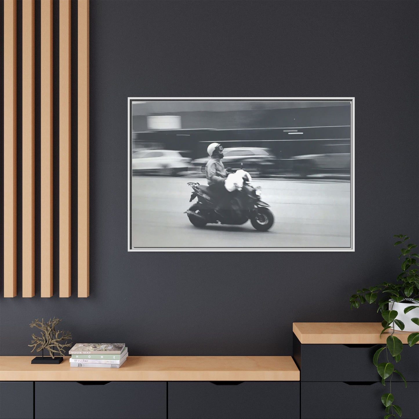 Framed Matte Canvas Print — Vintage Motion Scooter Street Photography