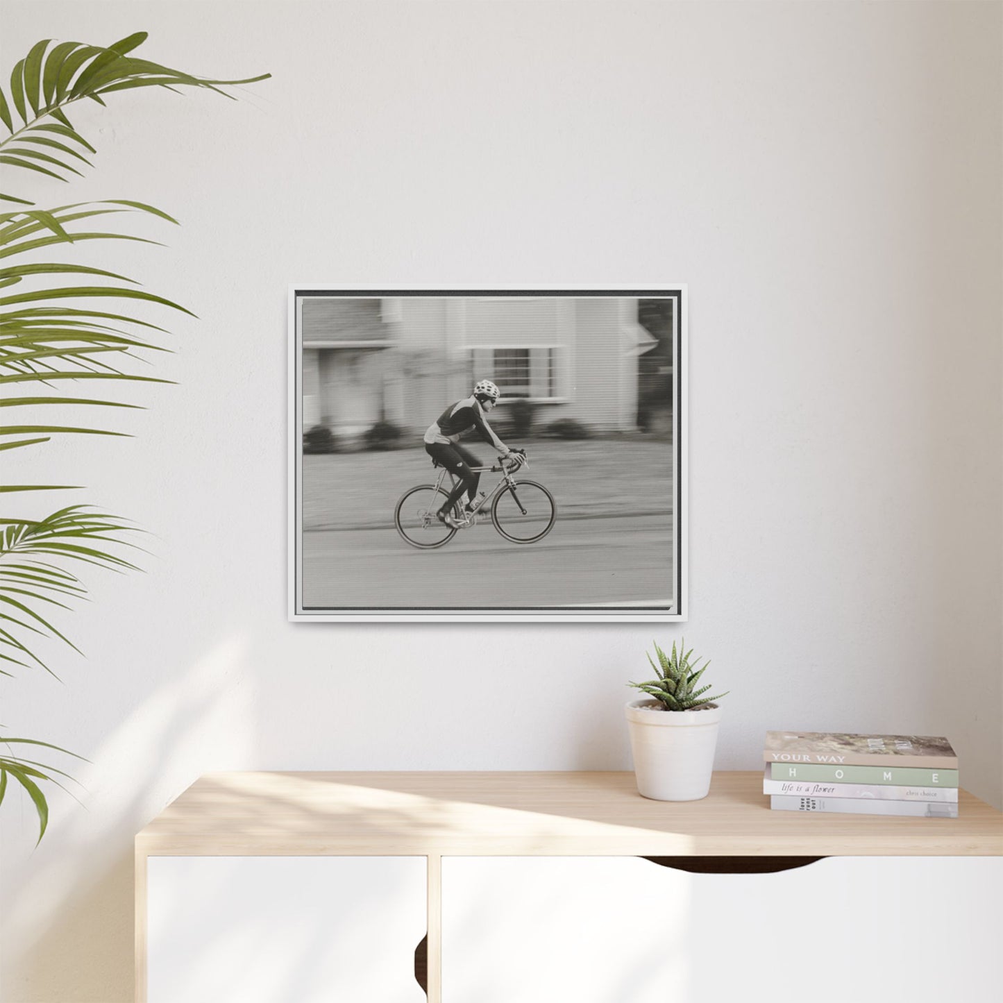 Framed Matte Canvas Print - Vintage Cyclist Black & White Wall Art
