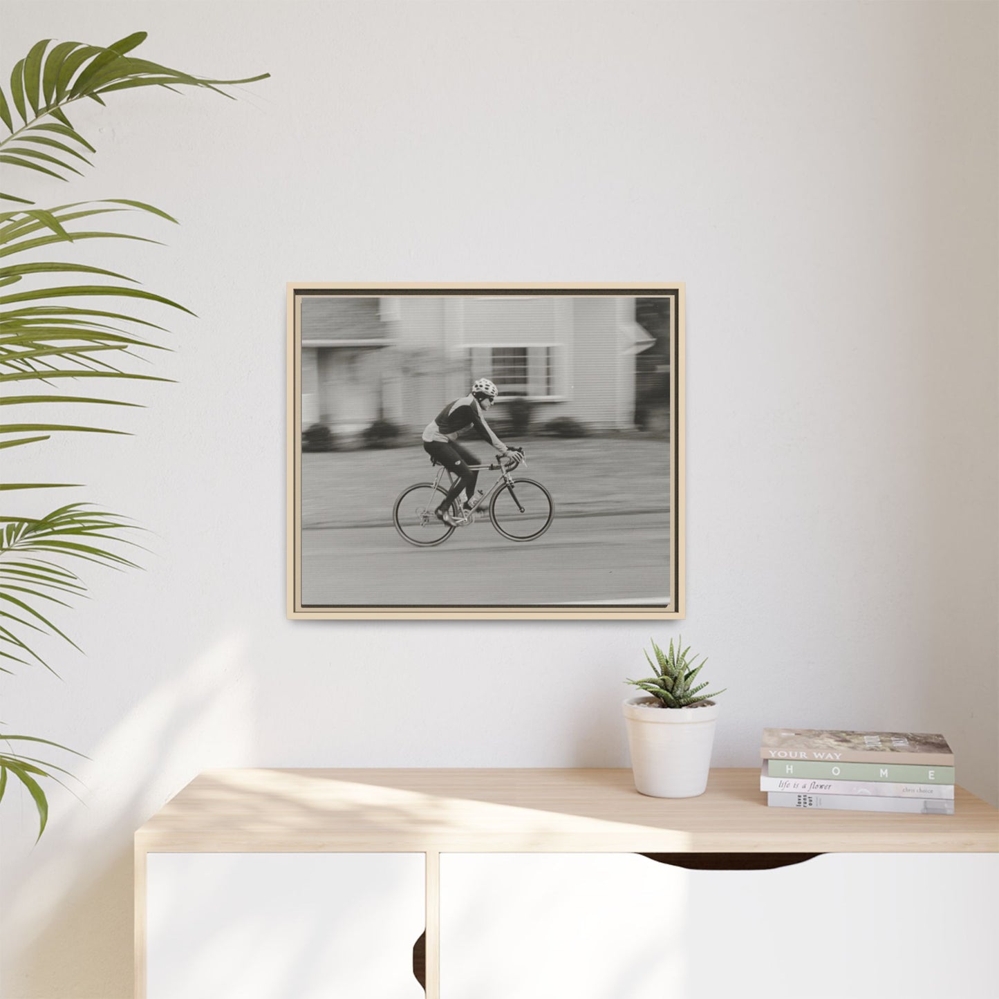 Framed Matte Canvas Print - Vintage Cyclist Black & White Wall Art