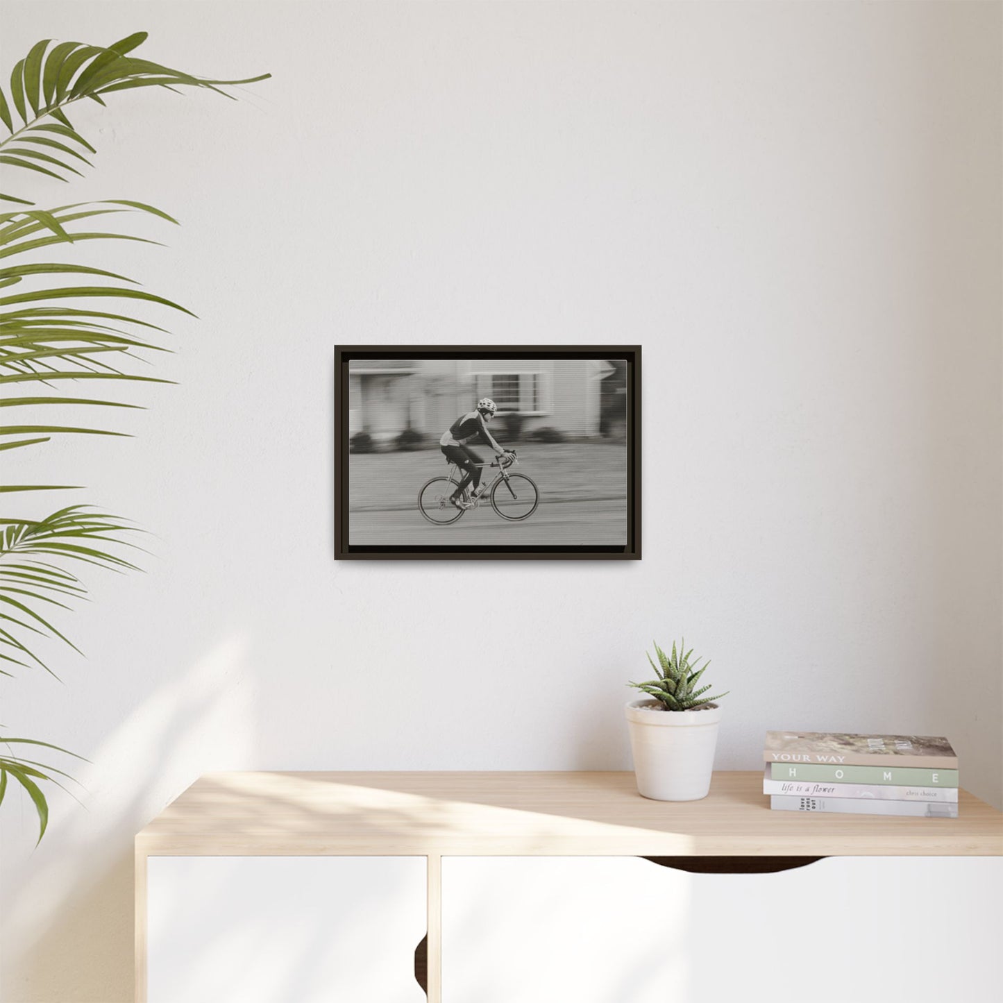 Framed Matte Canvas Print - Vintage Cyclist Black & White Wall Art