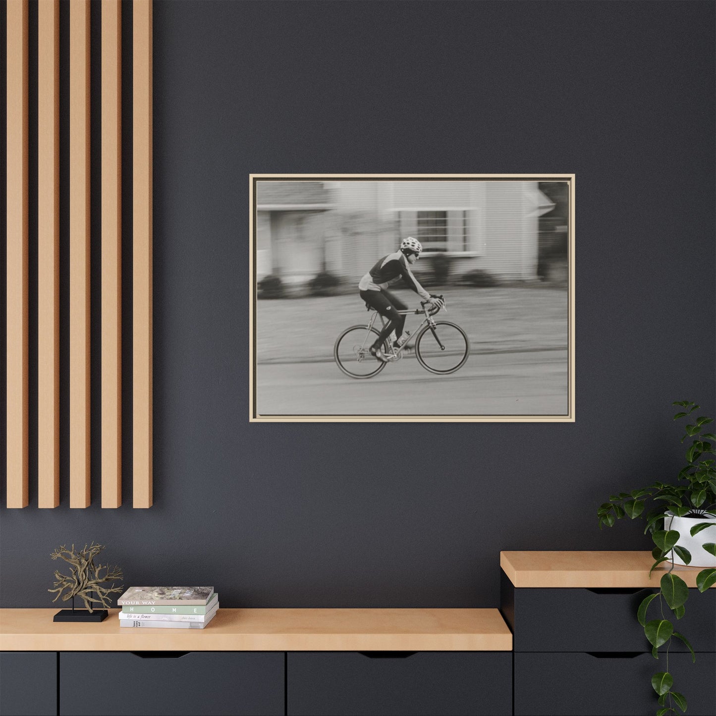 Framed Matte Canvas Print - Vintage Cyclist Black & White Wall Art