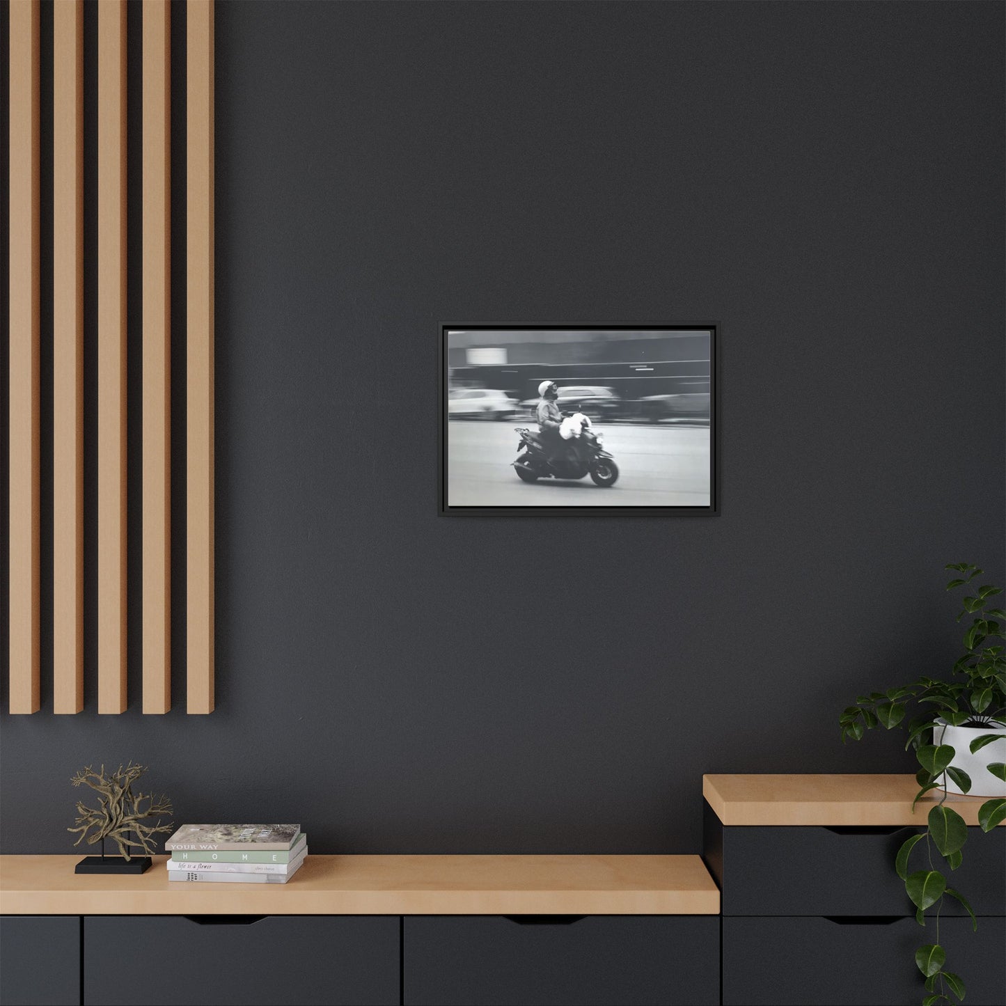 Framed Matte Canvas Print — Vintage Motion Scooter Street Photography