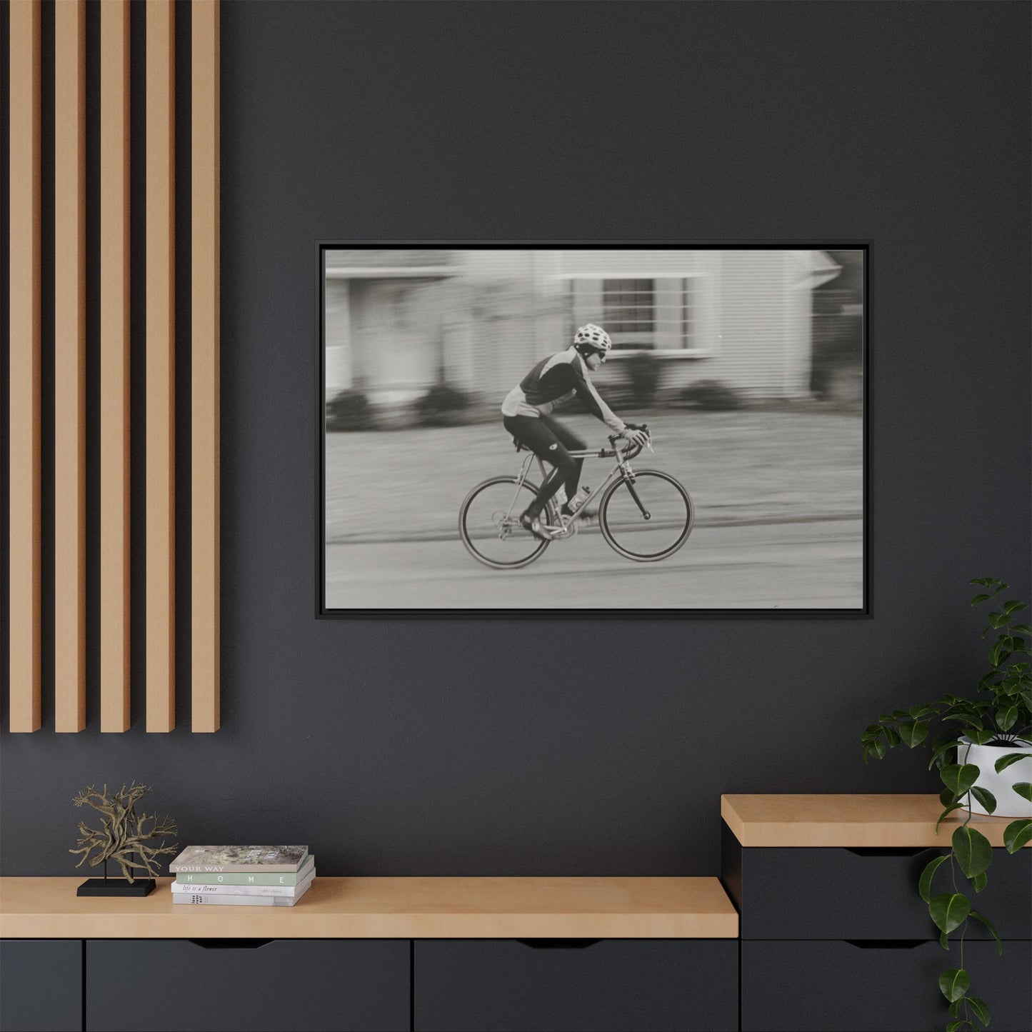 Framed Matte Canvas Print - Vintage Cyclist Black & White Wall Art