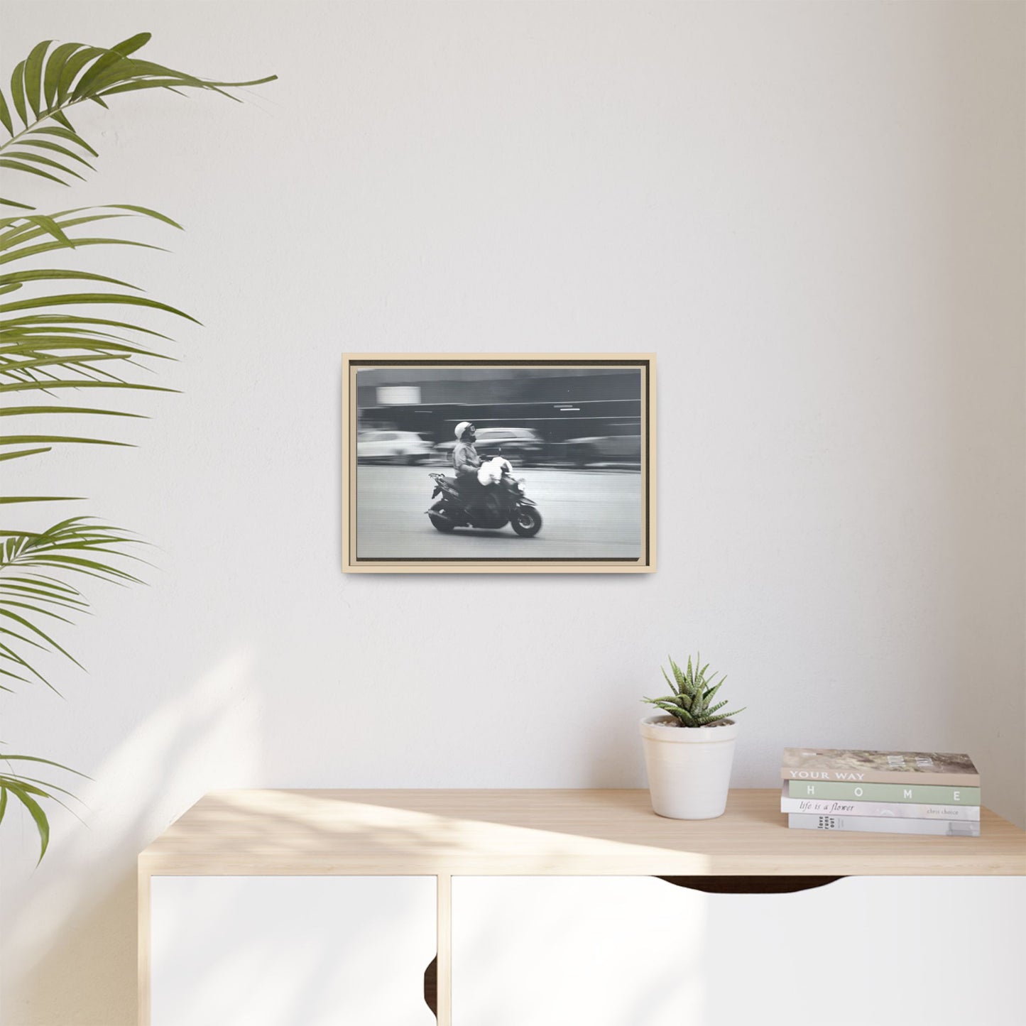 Framed Matte Canvas Print — Vintage Motion Scooter Street Photography