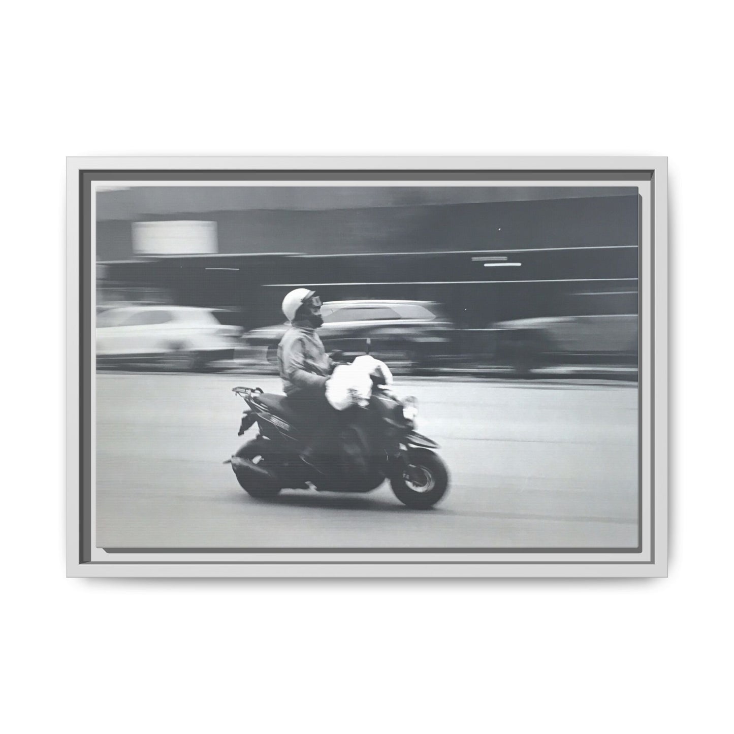Framed Matte Canvas Print — Vintage Motion Scooter Street Photography