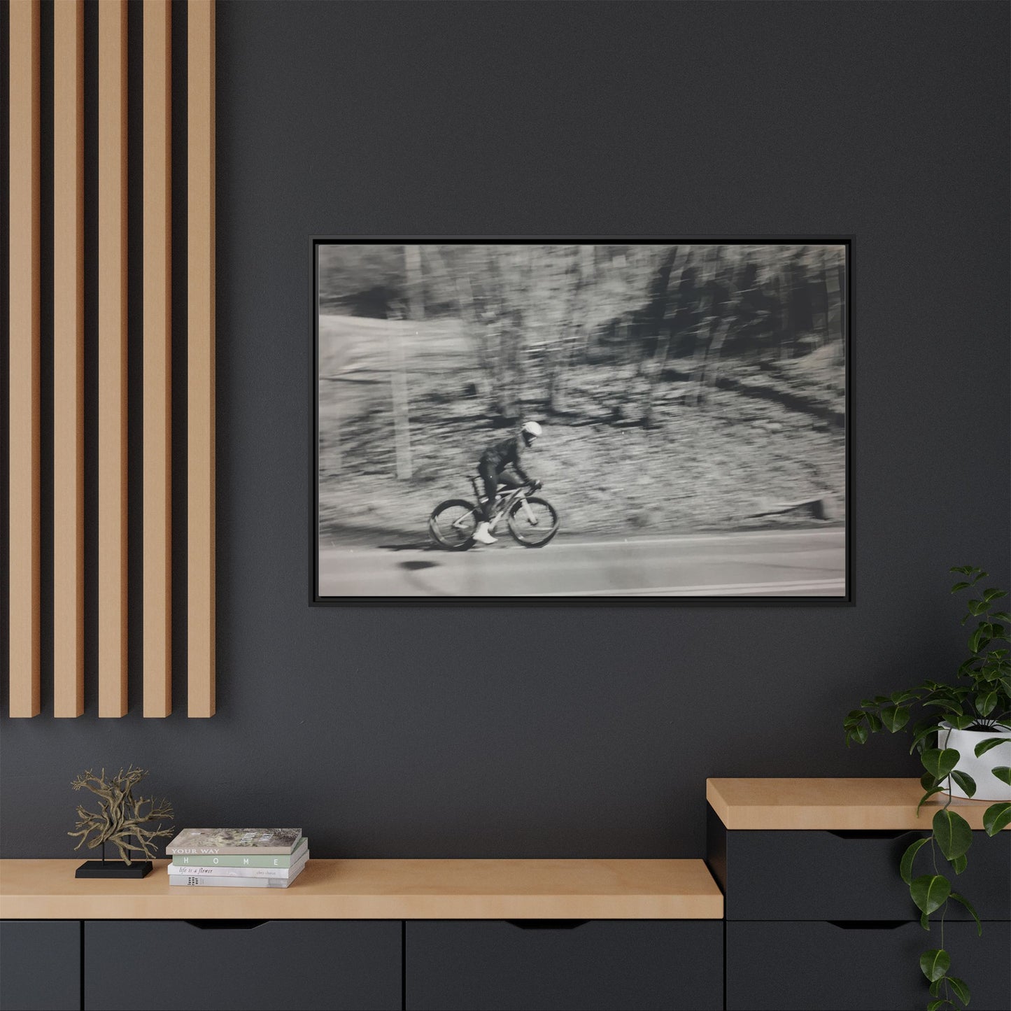 Framed Matte Canvas Print — Vintage Cyclist Black & White Photo