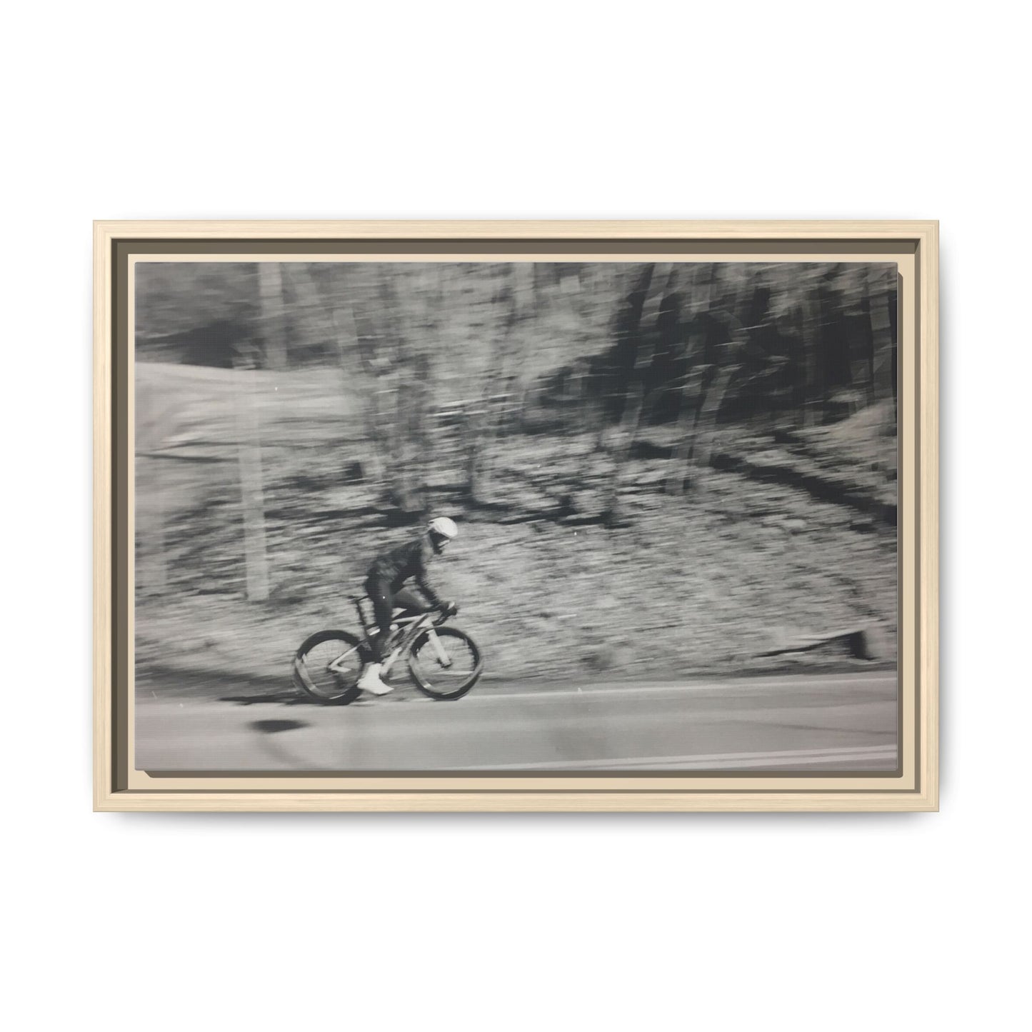 Framed Matte Canvas Print — Vintage Cyclist Black & White Photo