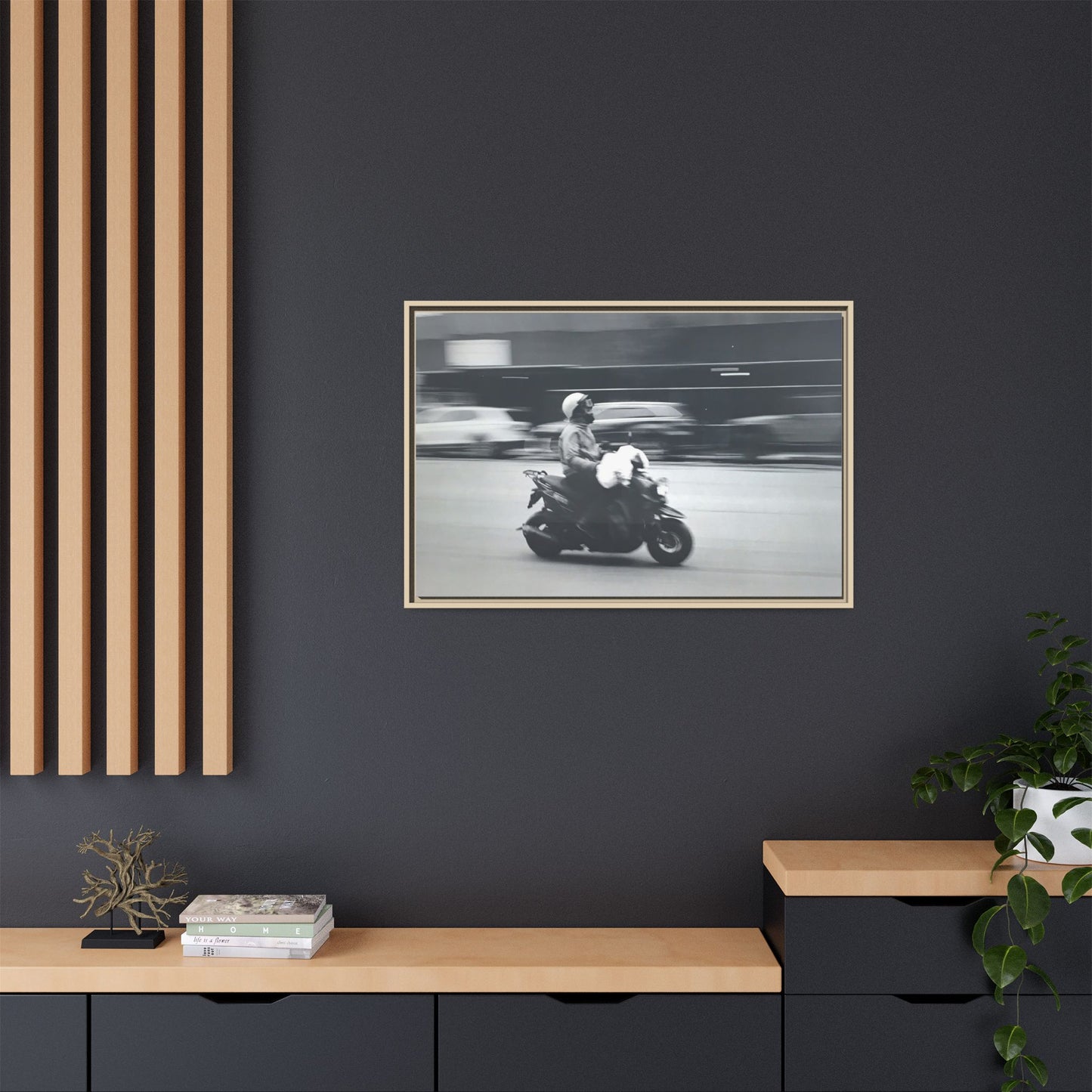 Framed Matte Canvas Print — Vintage Motion Scooter Street Photography