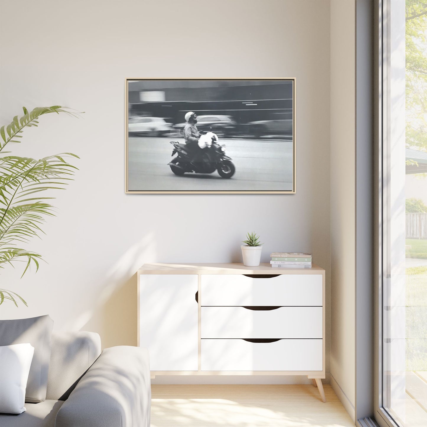 Framed Matte Canvas Print — Vintage Motion Scooter Street Photography