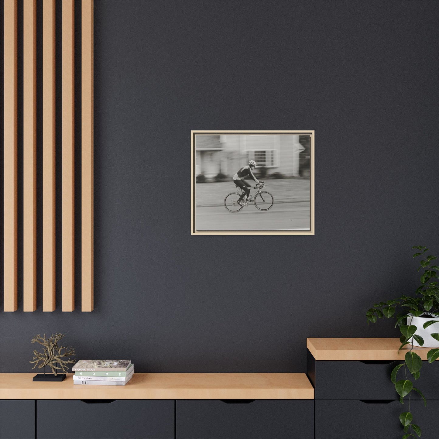 Framed Matte Canvas Print - Vintage Cyclist Black & White Wall Art