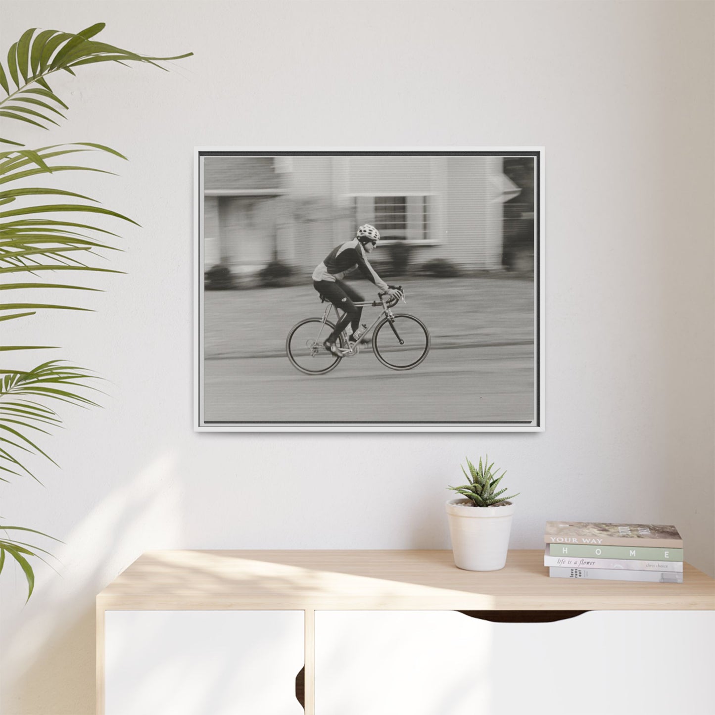 Framed Matte Canvas Print - Vintage Cyclist Black & White Wall Art
