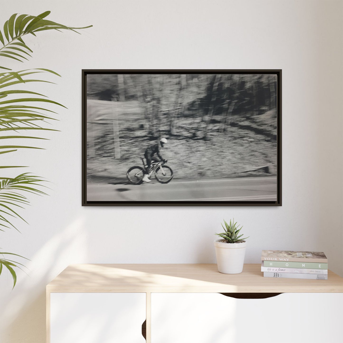 Framed Matte Canvas Print — Vintage Cyclist Black & White Photo