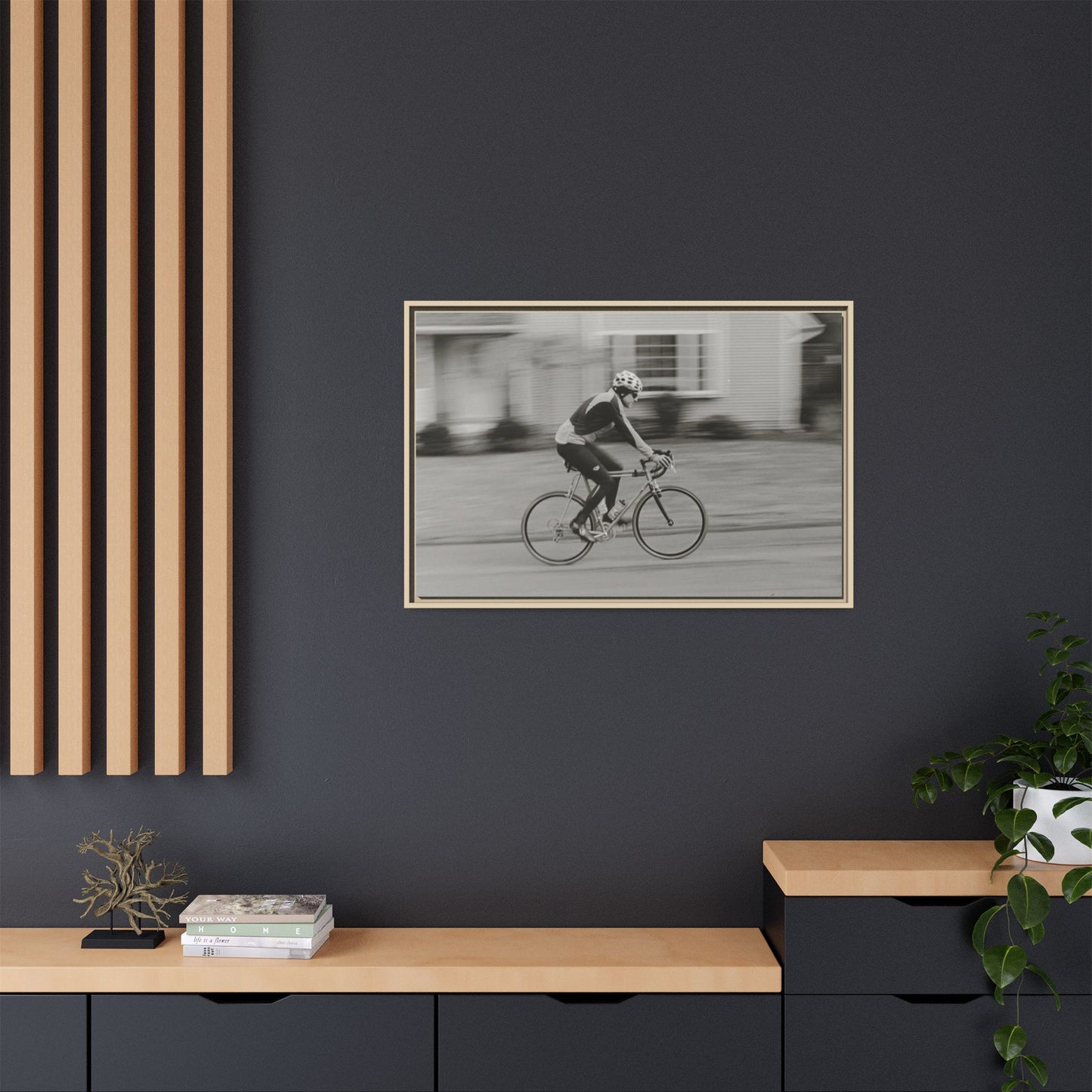 Framed Matte Canvas Print - Vintage Cyclist Black & White Wall Art