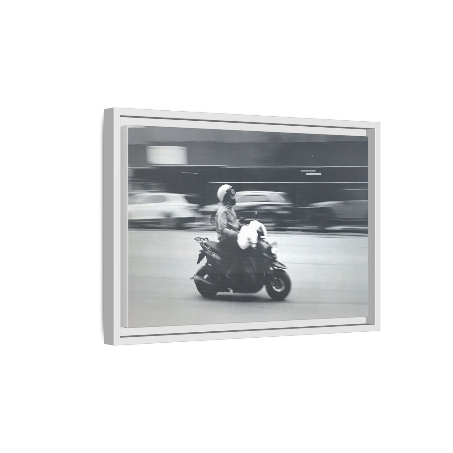 Framed Matte Canvas Print — Vintage Motion Scooter Street Photography