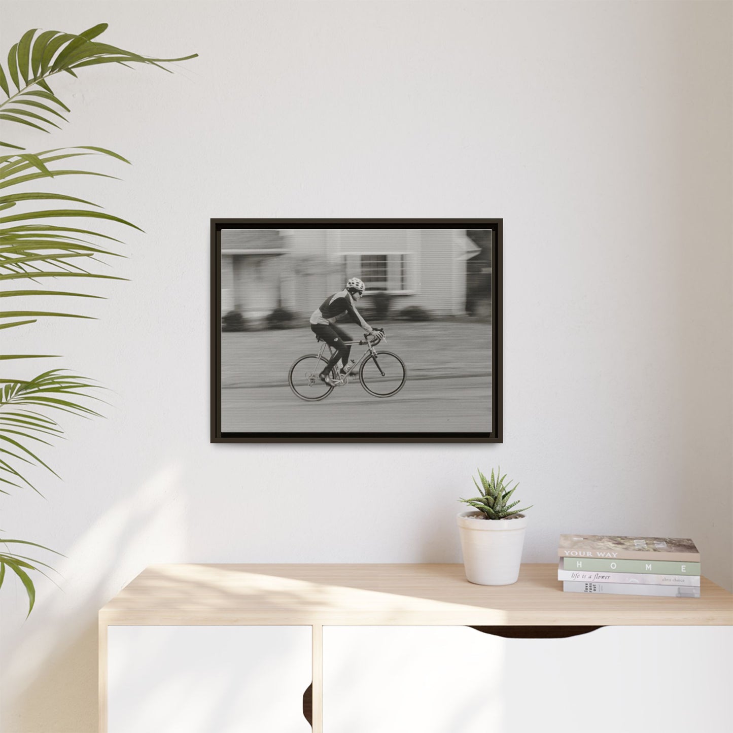 Framed Matte Canvas Print - Vintage Cyclist Black & White Wall Art