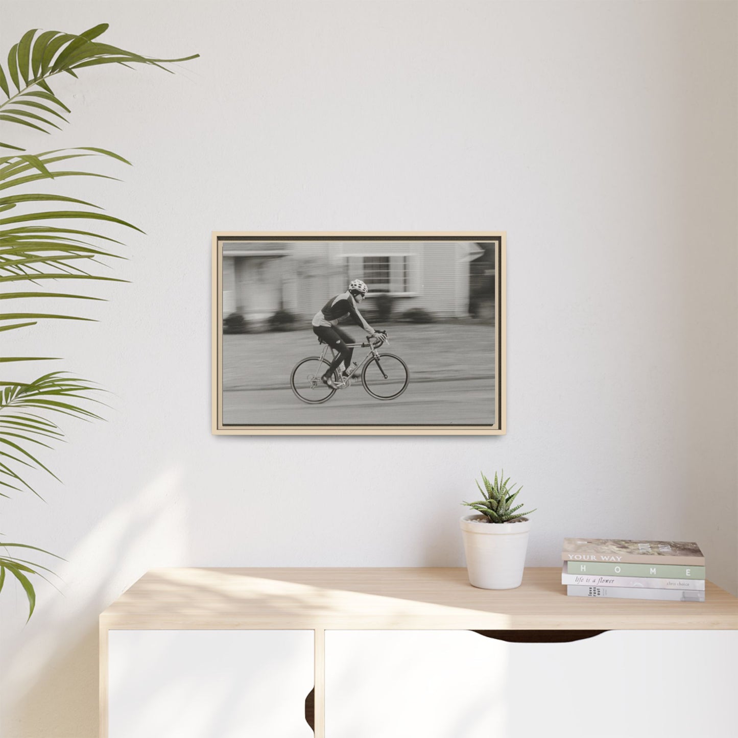 Framed Matte Canvas Print - Vintage Cyclist Black & White Wall Art