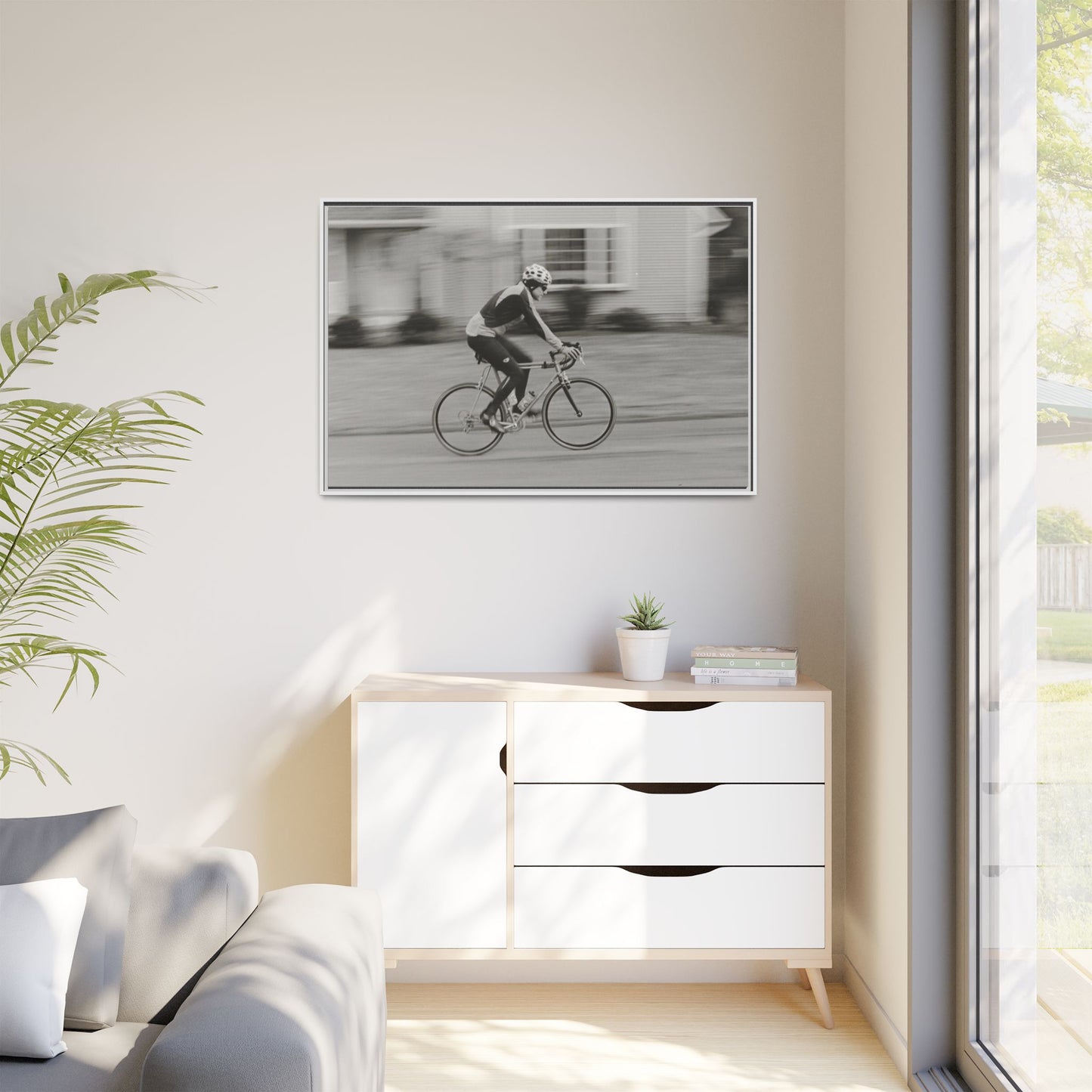 Framed Matte Canvas Print - Vintage Cyclist Black & White Wall Art