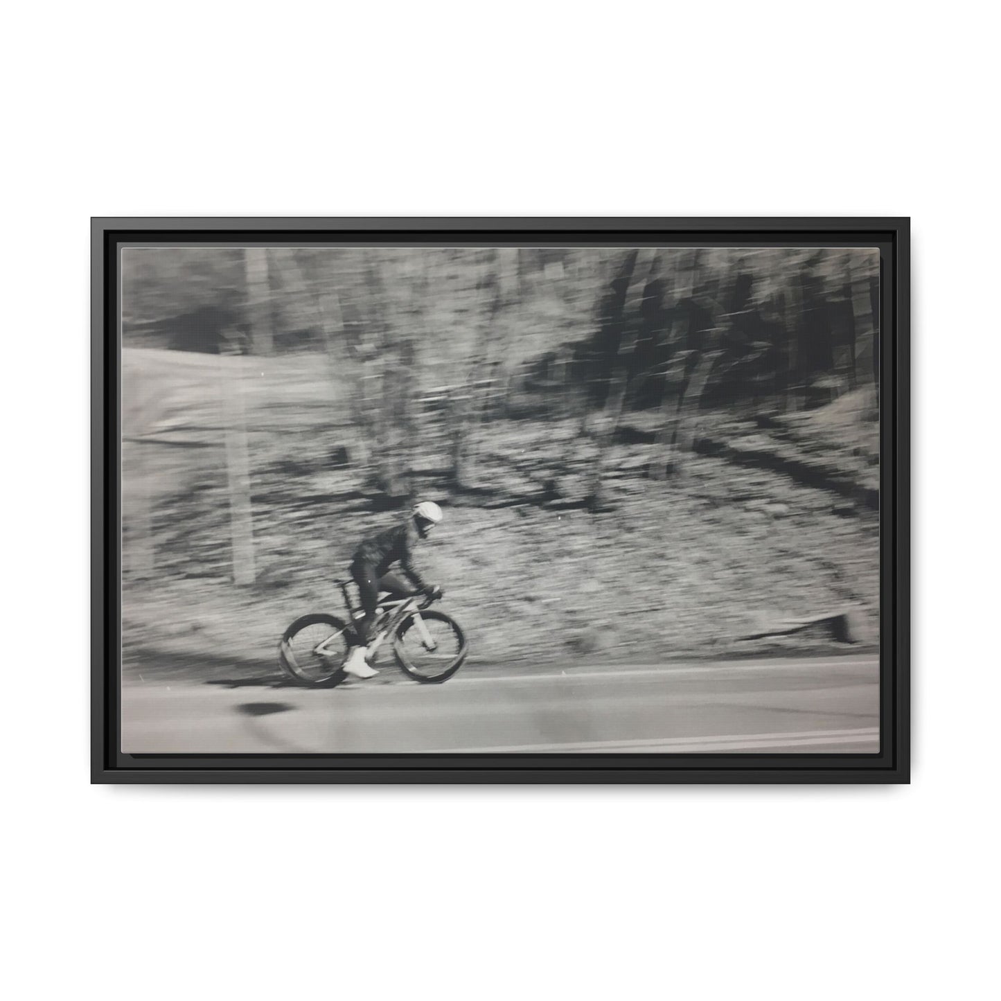 Framed Matte Canvas Print — Vintage Cyclist Black & White Photo