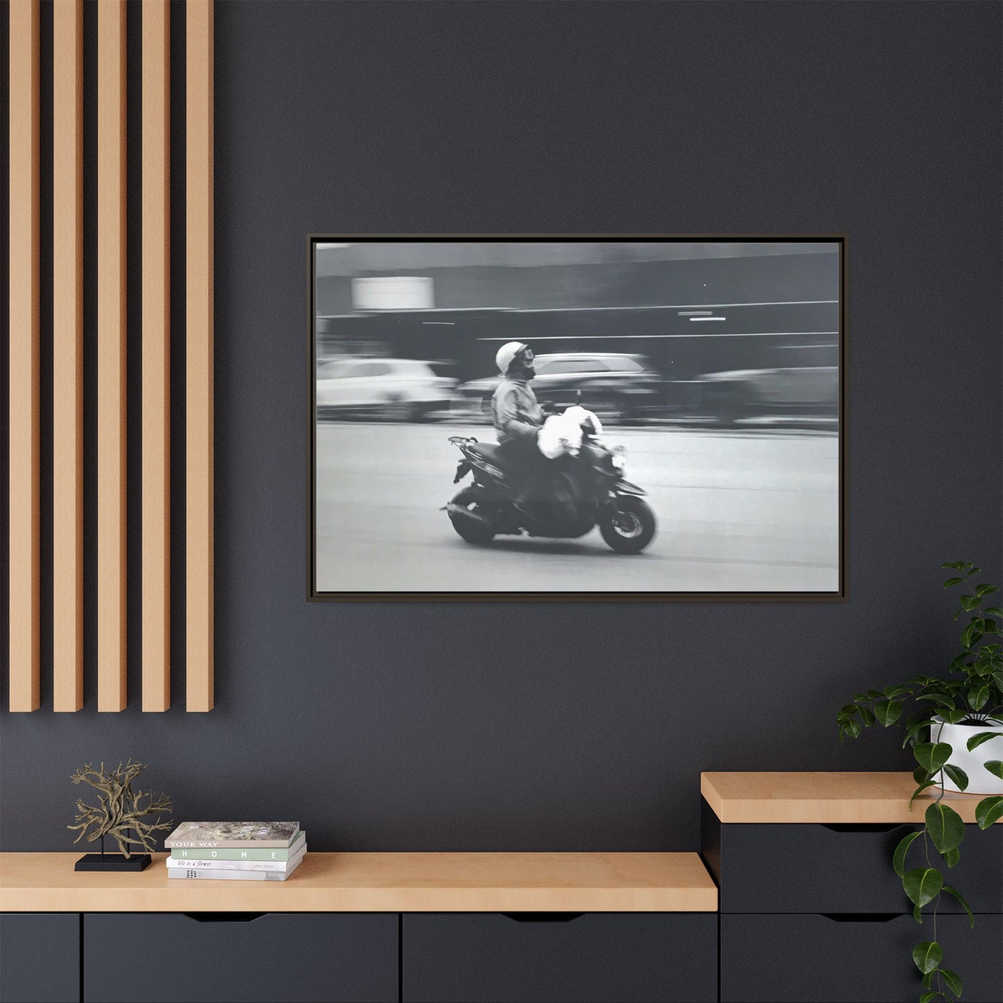Framed Matte Canvas Print — Vintage Motion Scooter Street Photography
