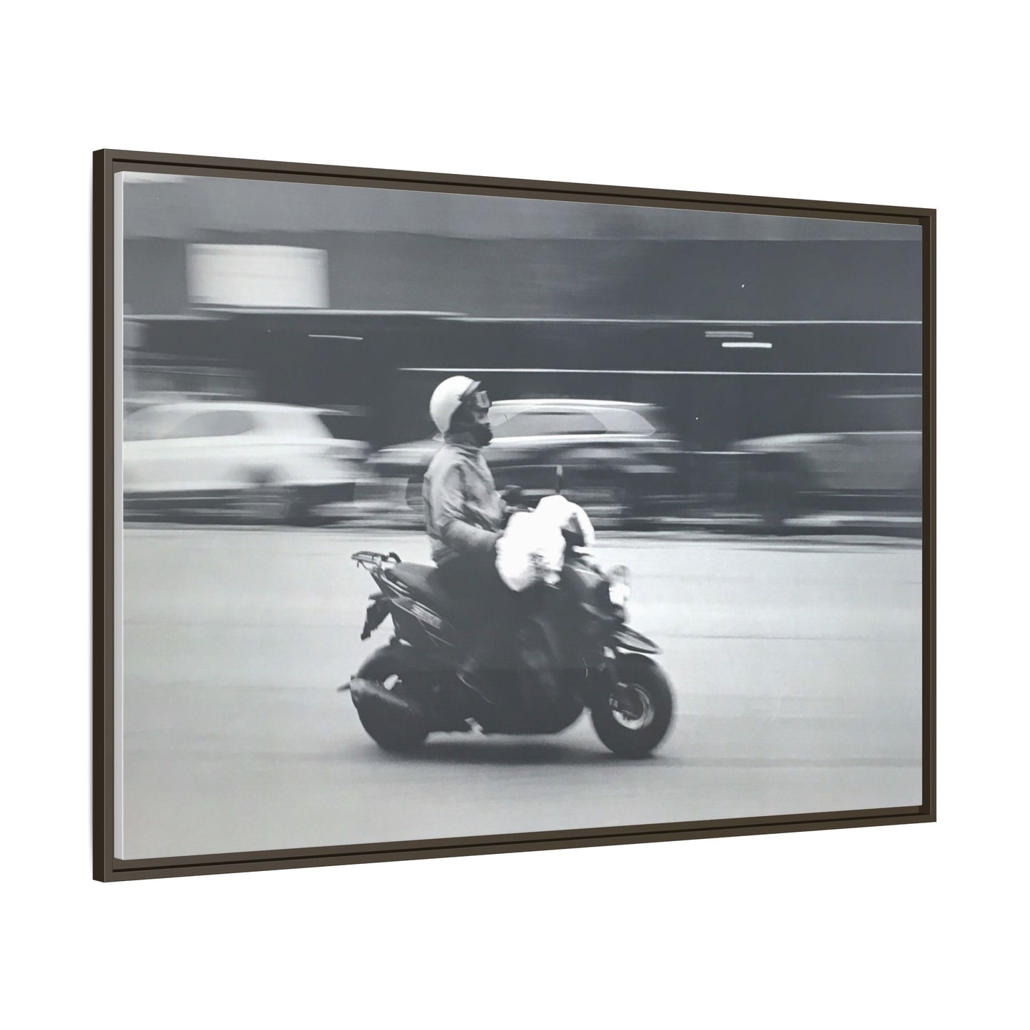 Framed Matte Canvas Print — Vintage Motion Scooter Street Photography