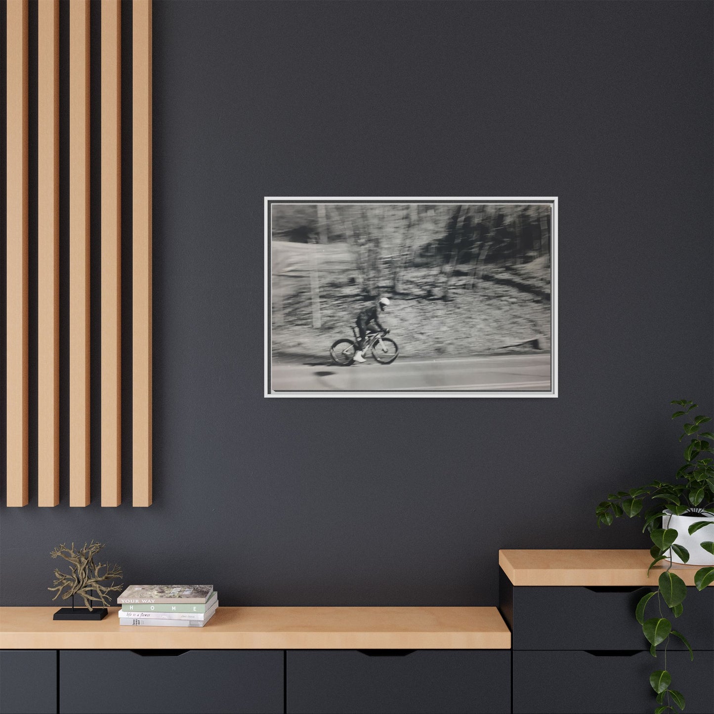 Framed Matte Canvas Print — Vintage Cyclist Black & White Photo