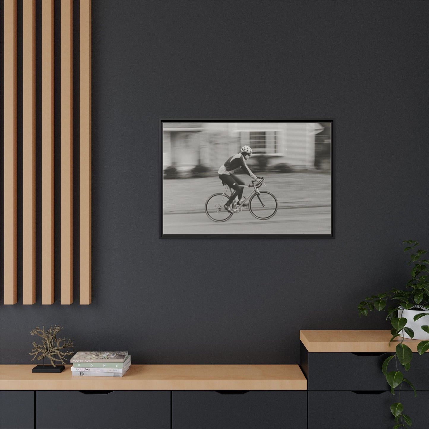 Framed Matte Canvas Print - Vintage Cyclist Black & White Wall Art