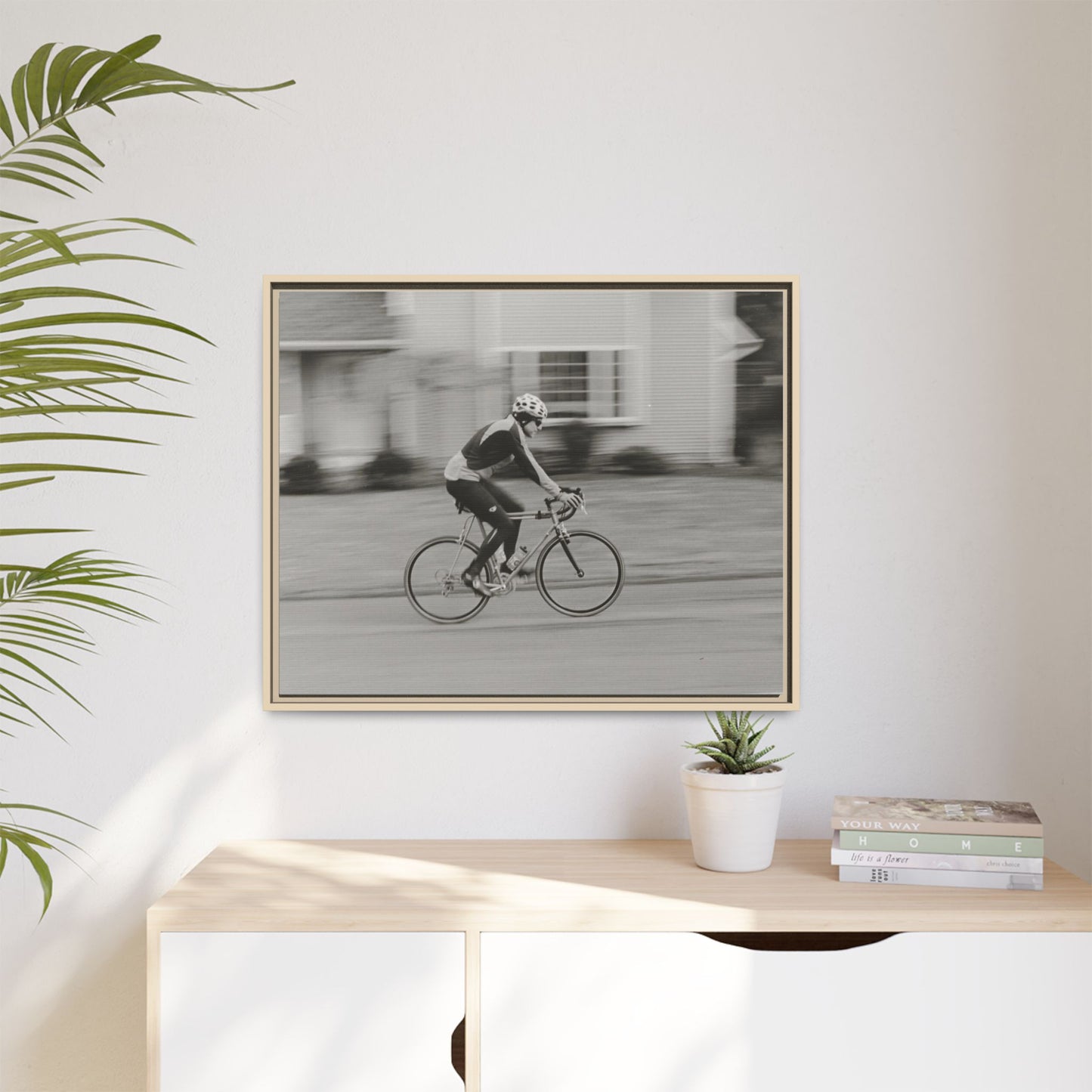 Framed Matte Canvas Print - Vintage Cyclist Black & White Wall Art