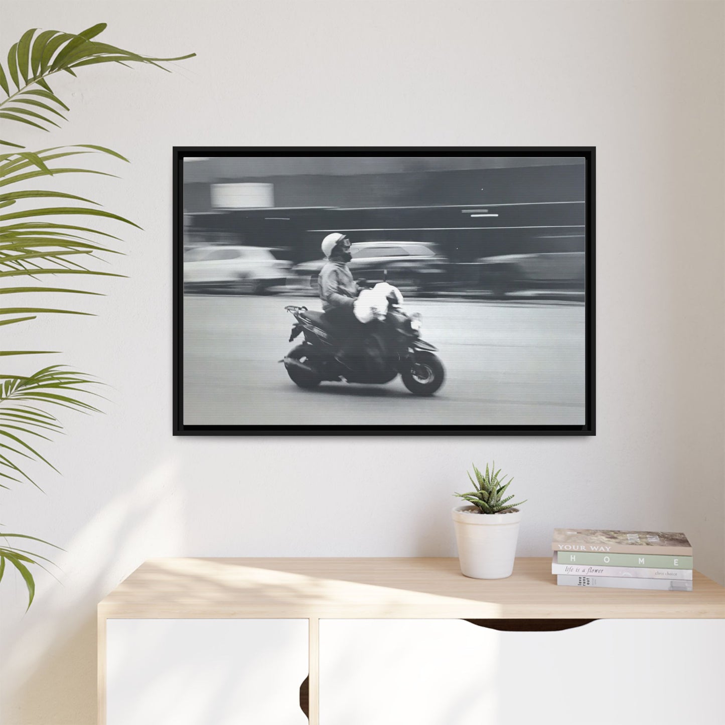 Framed Matte Canvas Print — Vintage Motion Scooter Street Photography