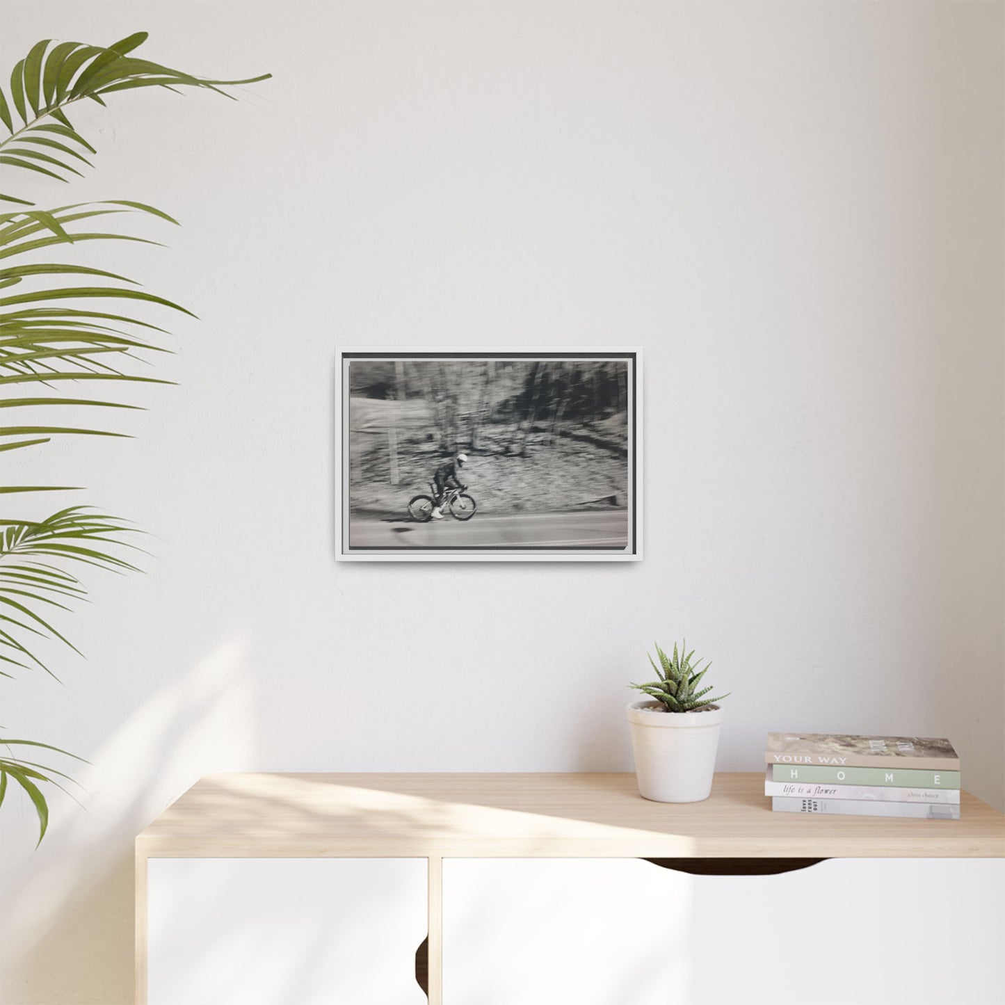 Framed Matte Canvas Print — Vintage Cyclist Black & White Photo