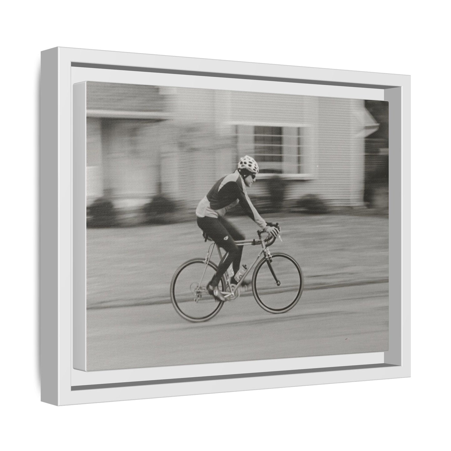 Framed Matte Canvas Print - Vintage Cyclist Black & White Wall Art