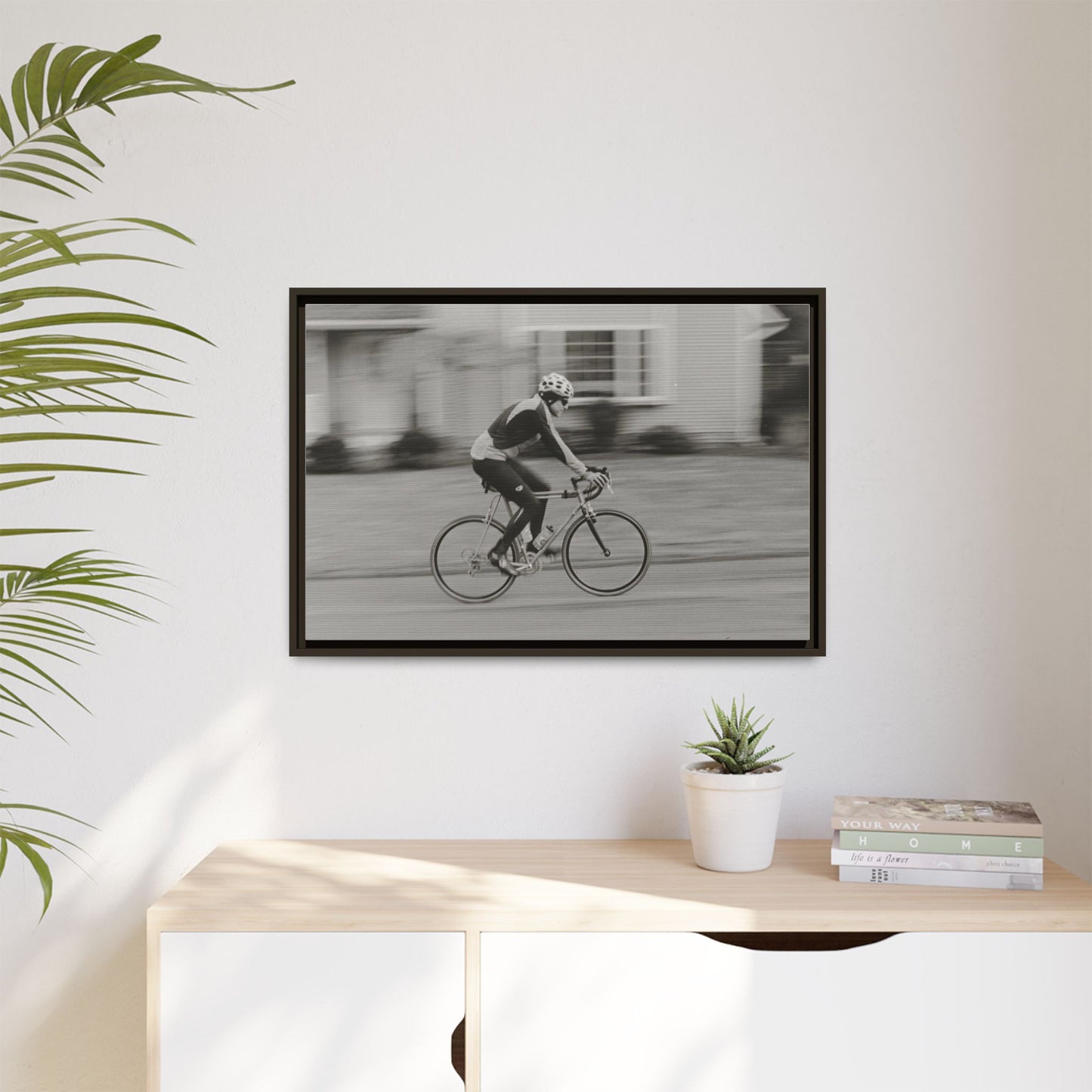 Framed Matte Canvas Print - Vintage Cyclist Black & White Wall Art