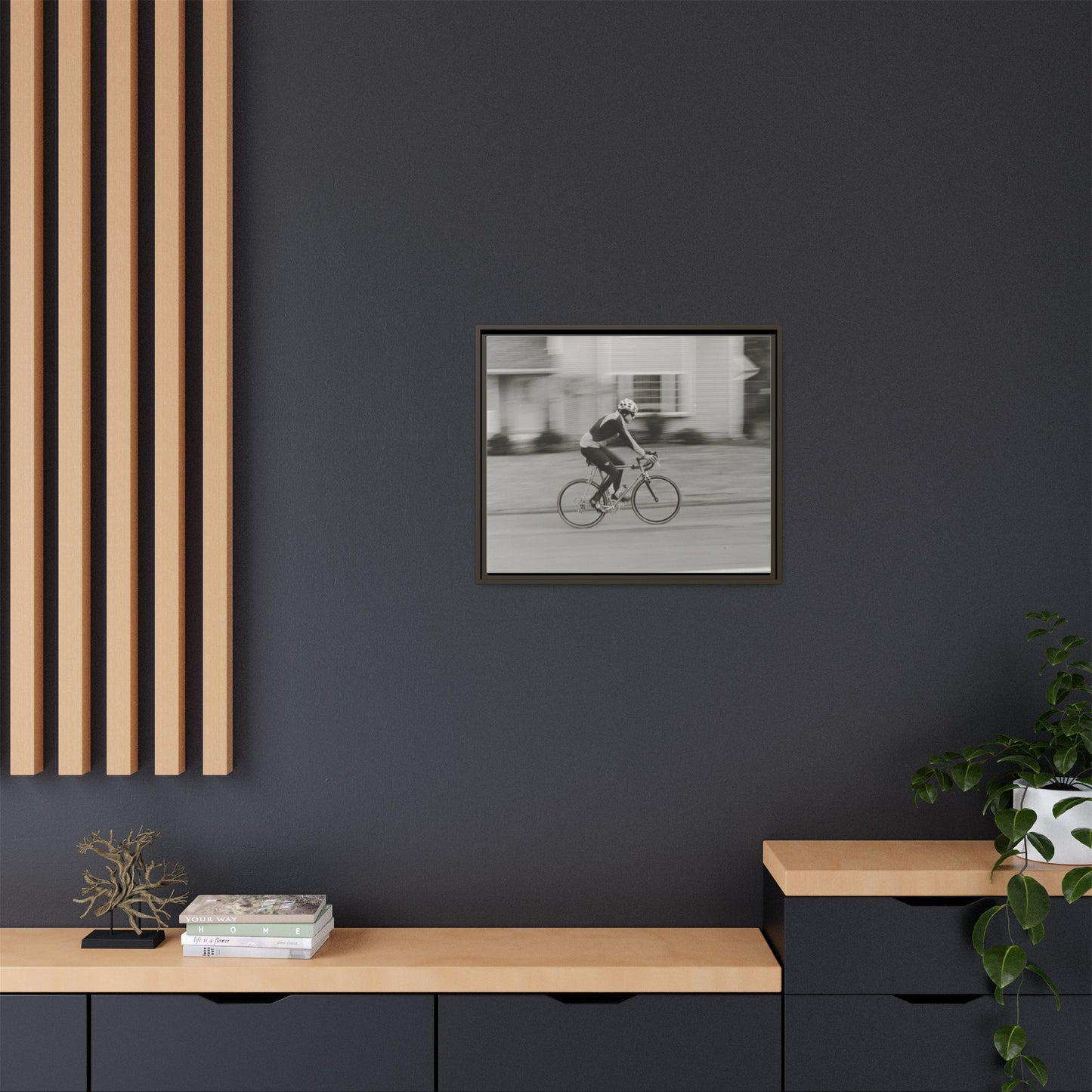 Framed Matte Canvas Print - Vintage Cyclist Black & White Wall Art