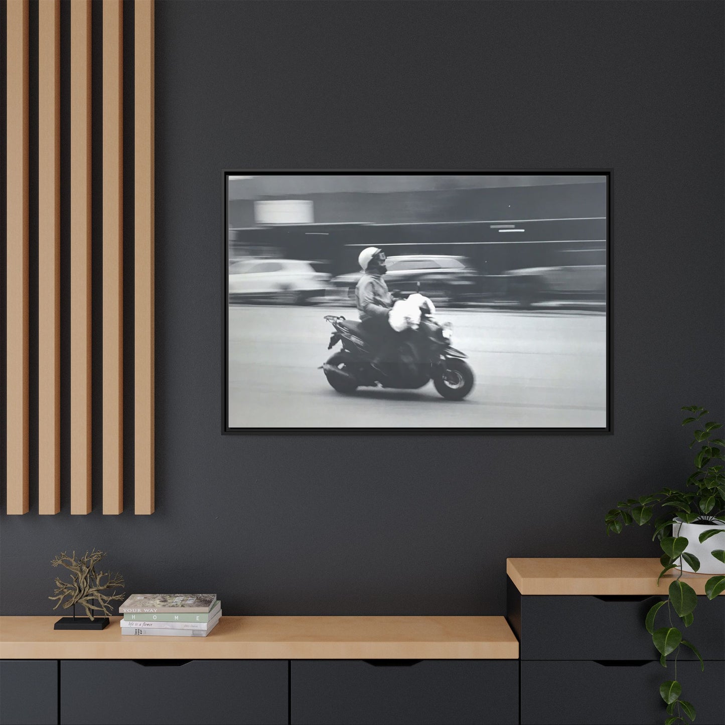 Framed Matte Canvas Print — Vintage Motion Scooter Street Photography