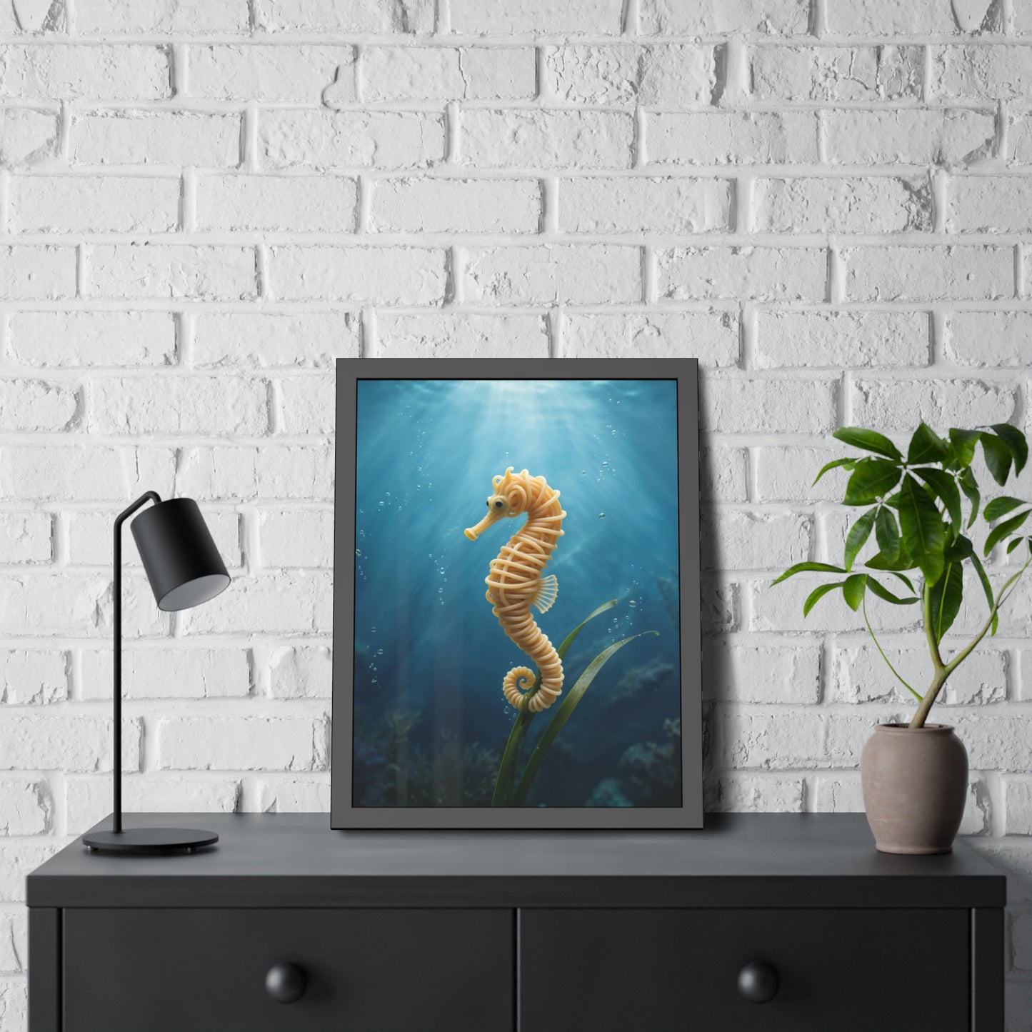 Spaghetti Seahorse Illustration Framed Poster | Ocean Underwater Art Print