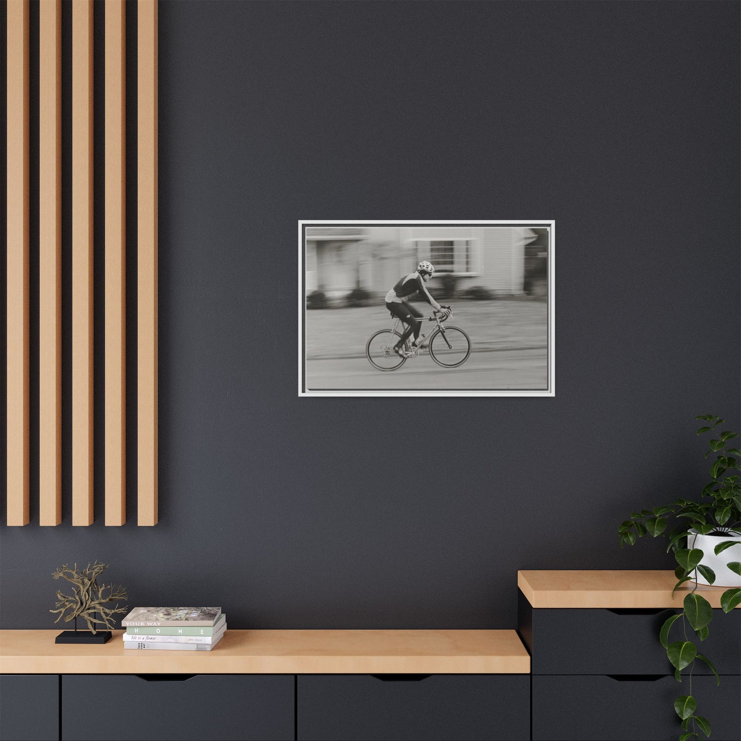 Framed Matte Canvas Print - Vintage Cyclist Black & White Wall Art