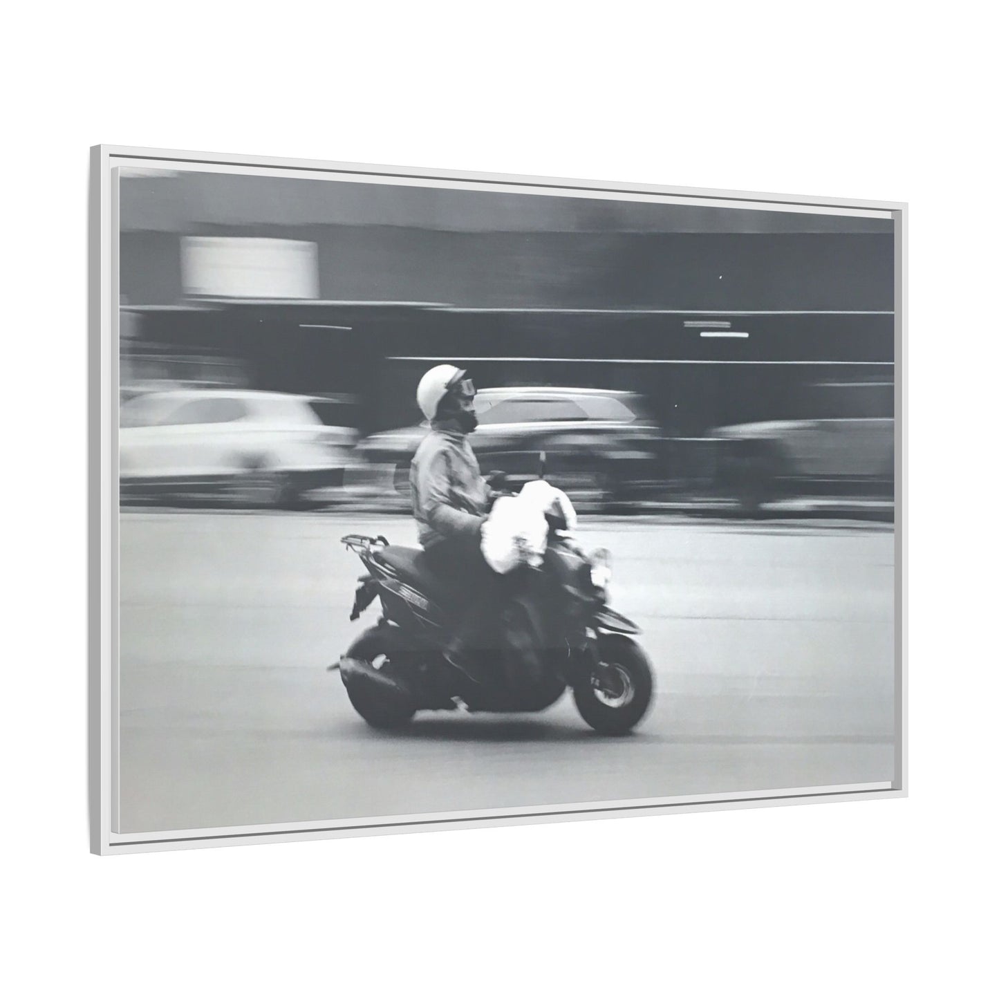 Framed Matte Canvas Print — Vintage Motion Scooter Street Photography